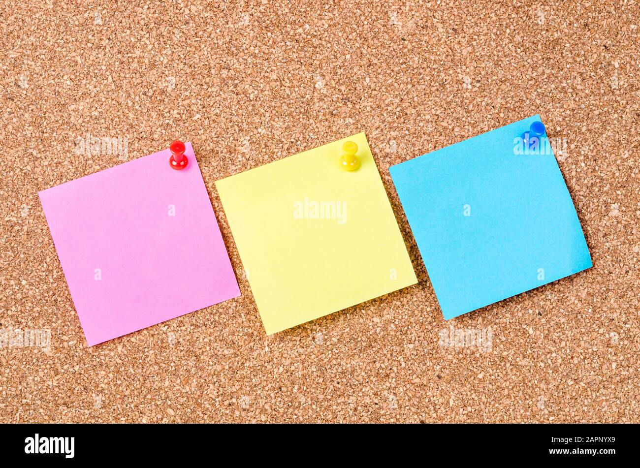 Blank sticky notes pinned on cork memo board. Stock Photo