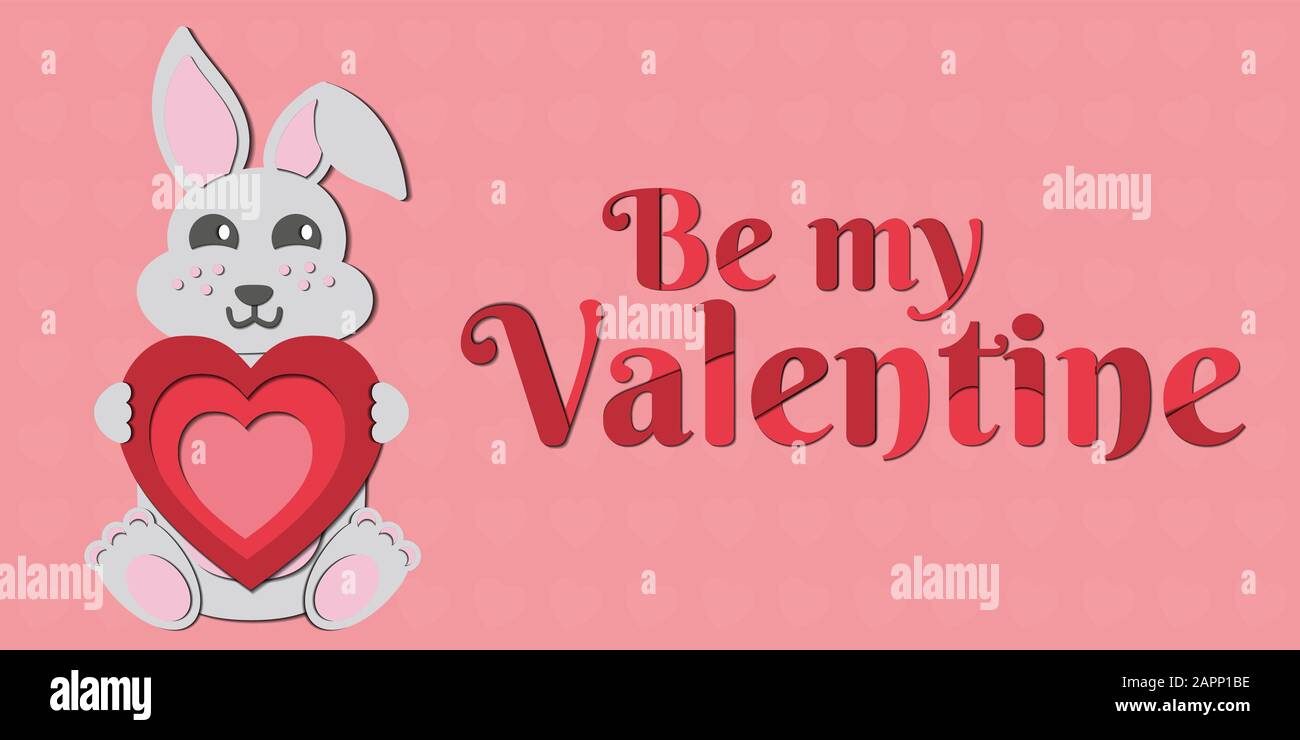 A Valentine's Day vector drawing of a cute paper cut out bunny holding a red heart in its paws. Includes “Be my valentine” caption (inscription). Stock Vector