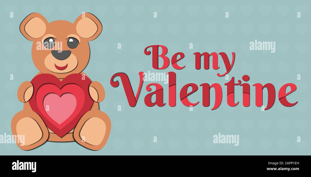 A Valentine's Day vector drawing of a cute paper cut out teddy bear holding a red heart in its paws. Includes “Be my valentine” caption (inscription). Stock Vector