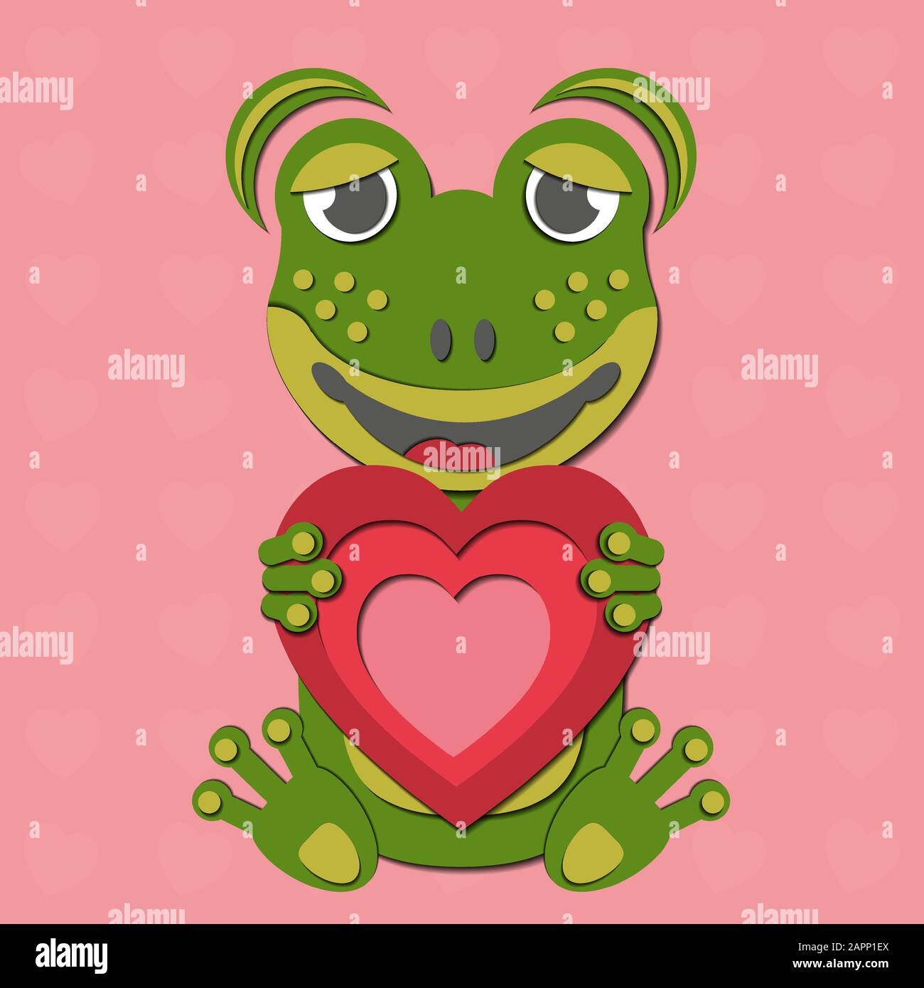 A Valentine's Day vector drawing of a cute paper cut out frog holding a red heart in its paws. The animal is green on a pink background. Stock Vector