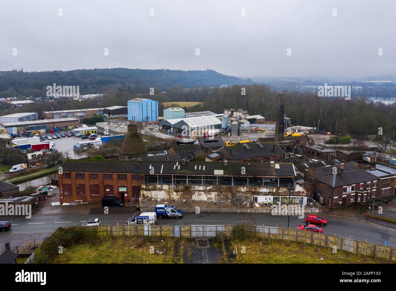Aerial view of Kensington Pottery Works an old abandoned, derelict pottery factory and bottle kiln located in Longport,  Industrial decline Stock Photo