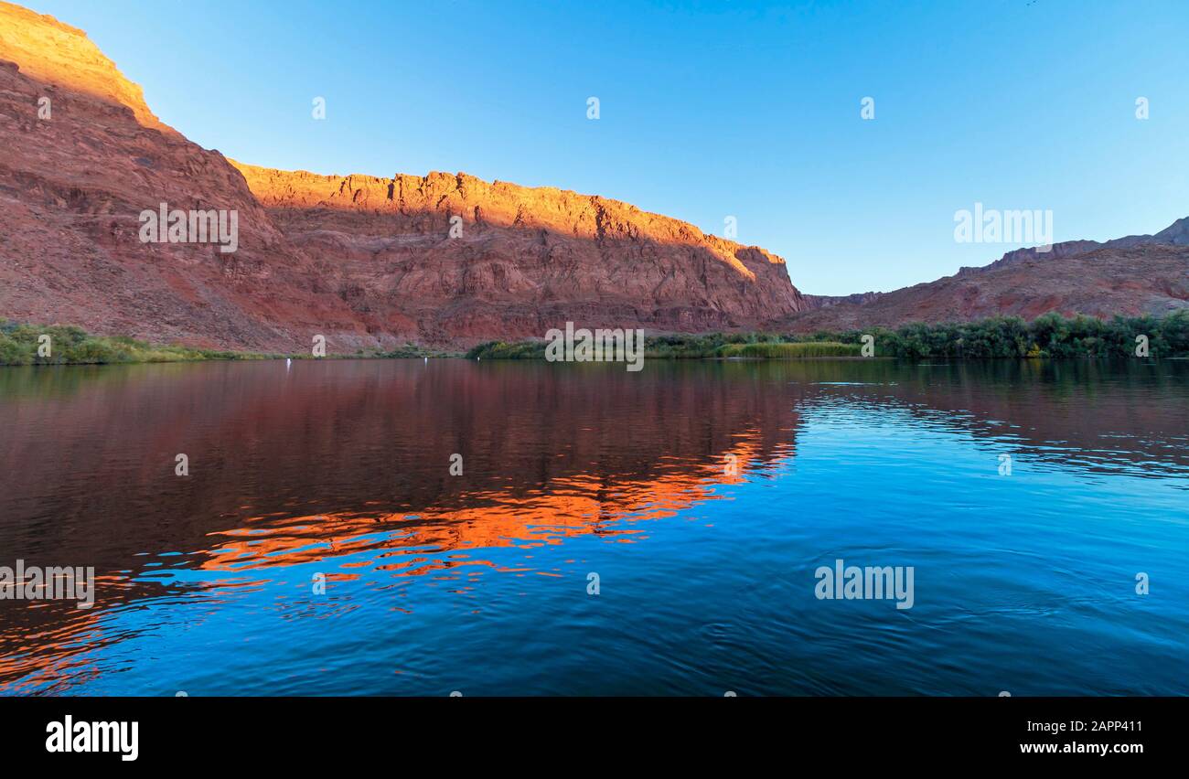 Sunset time along the Colorado river in Northern AZ at Lees Ferry recreation area., Stock Photo