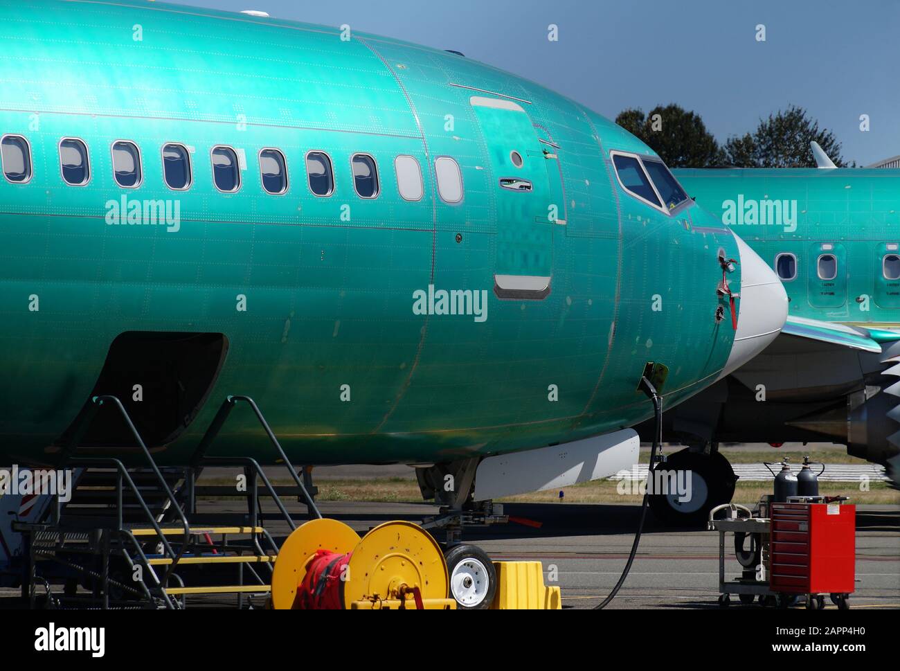 New aircraft during tests at the airport. Airliner Factory. Stock Photo
