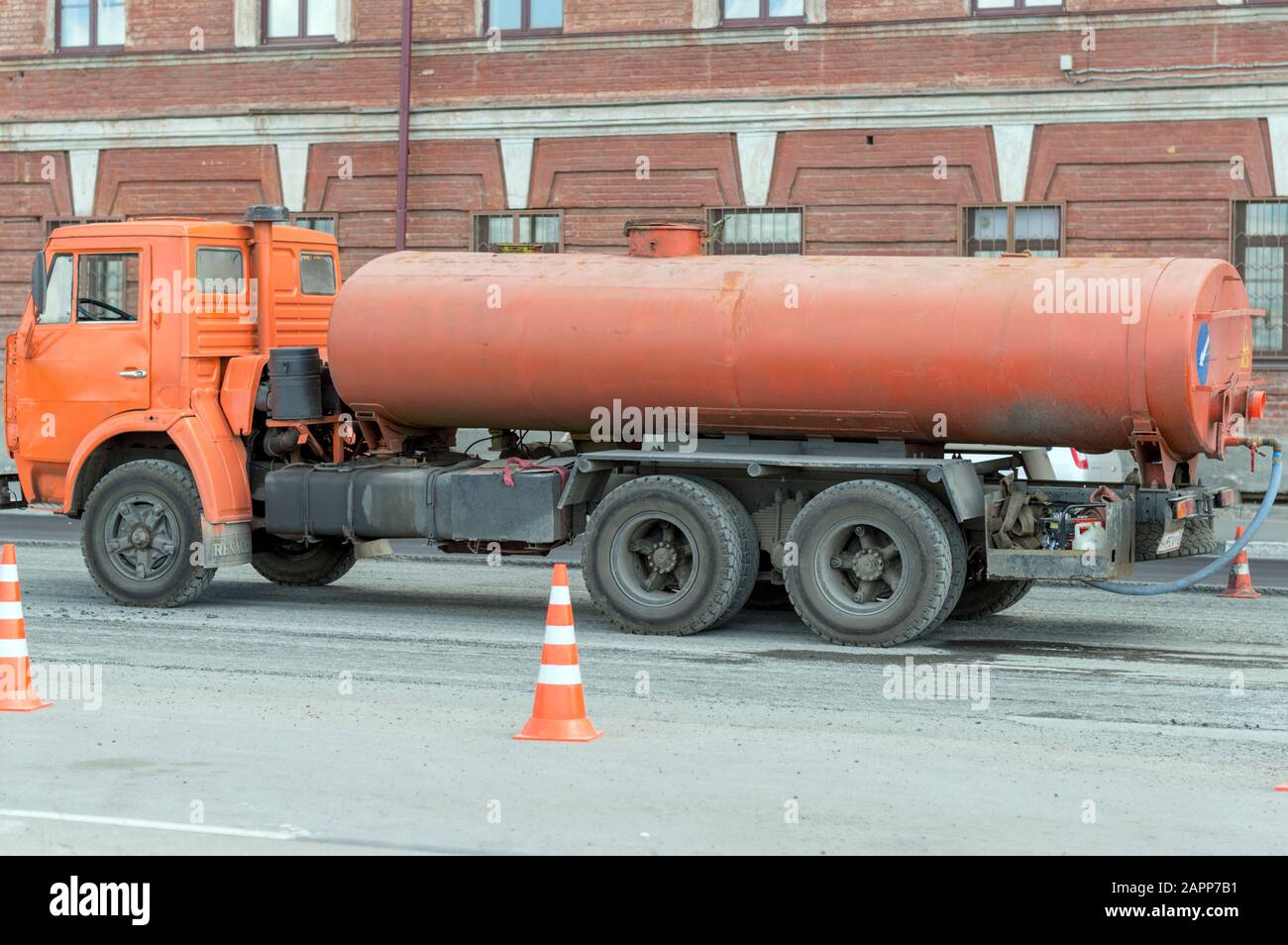 A truck based on Kamaz for transporting large amounts of water. Barrel .Russia.. Stock Photo