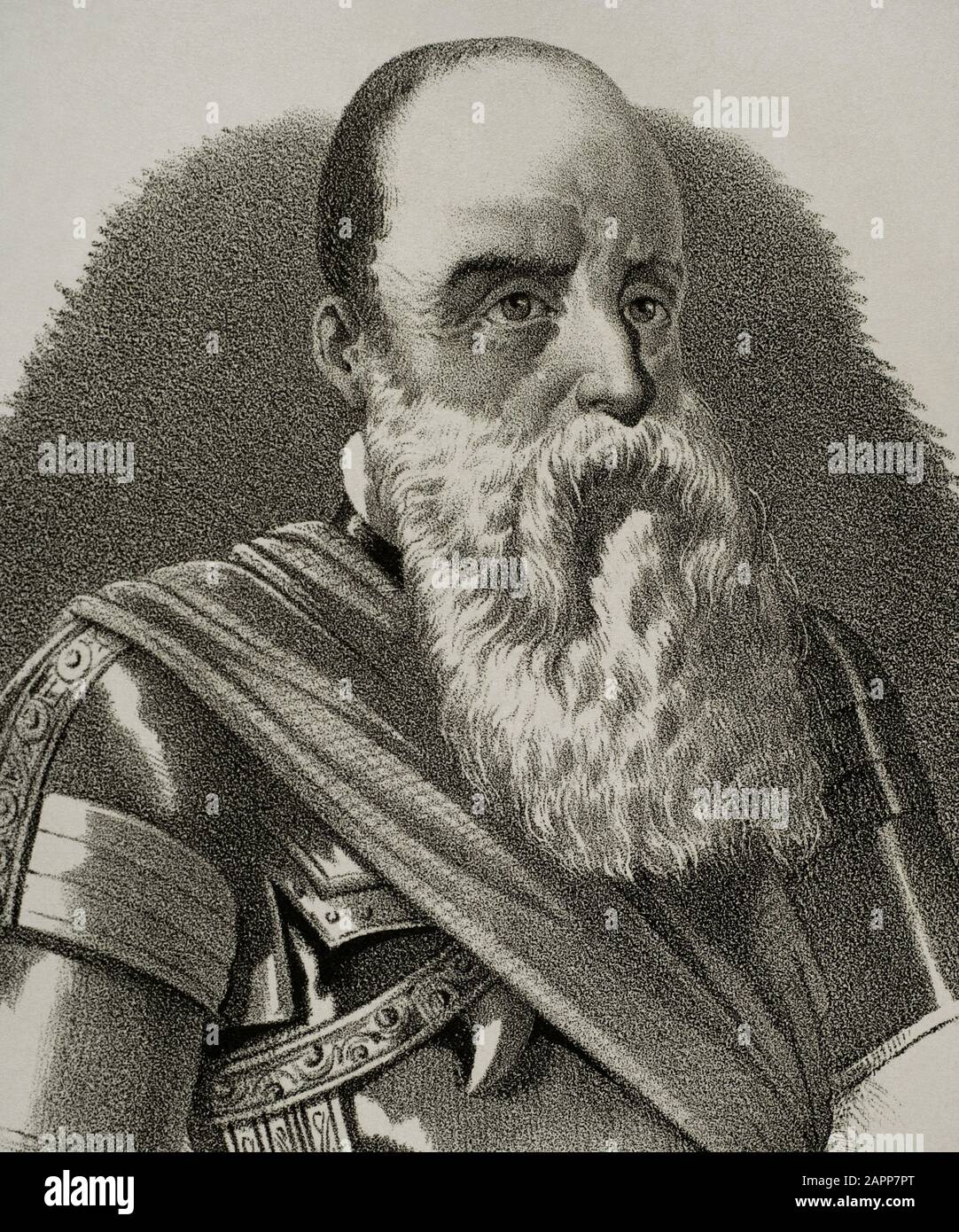 Hernando de Alarcon (1466-1540). Spanish explorer and navigator of the 16th century. Portrait, detail. Drawing by Santiago Llanta. Portrait. Lithography, 19th century. Cronica General de España, Historia Ilustrada y Descriptiva de sus Provincias. Castilla-La Nueva, 1869. Stock Photo