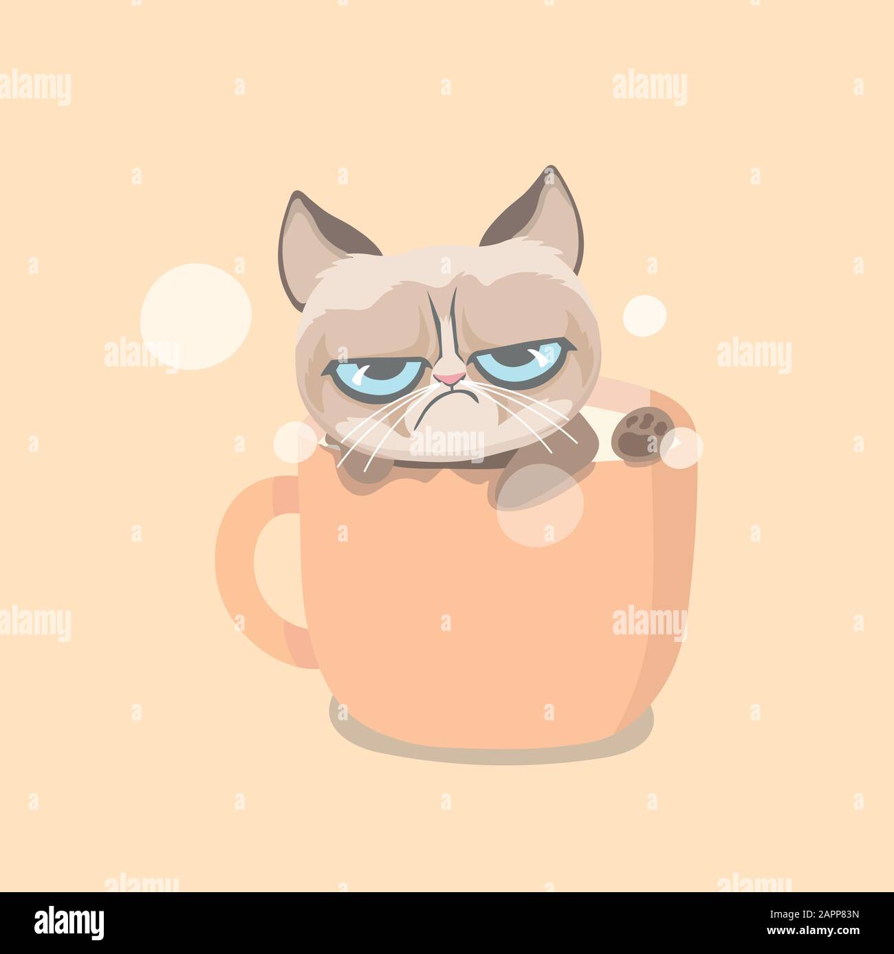 Cute grumpy cat sitting in big cup. Stock Vector