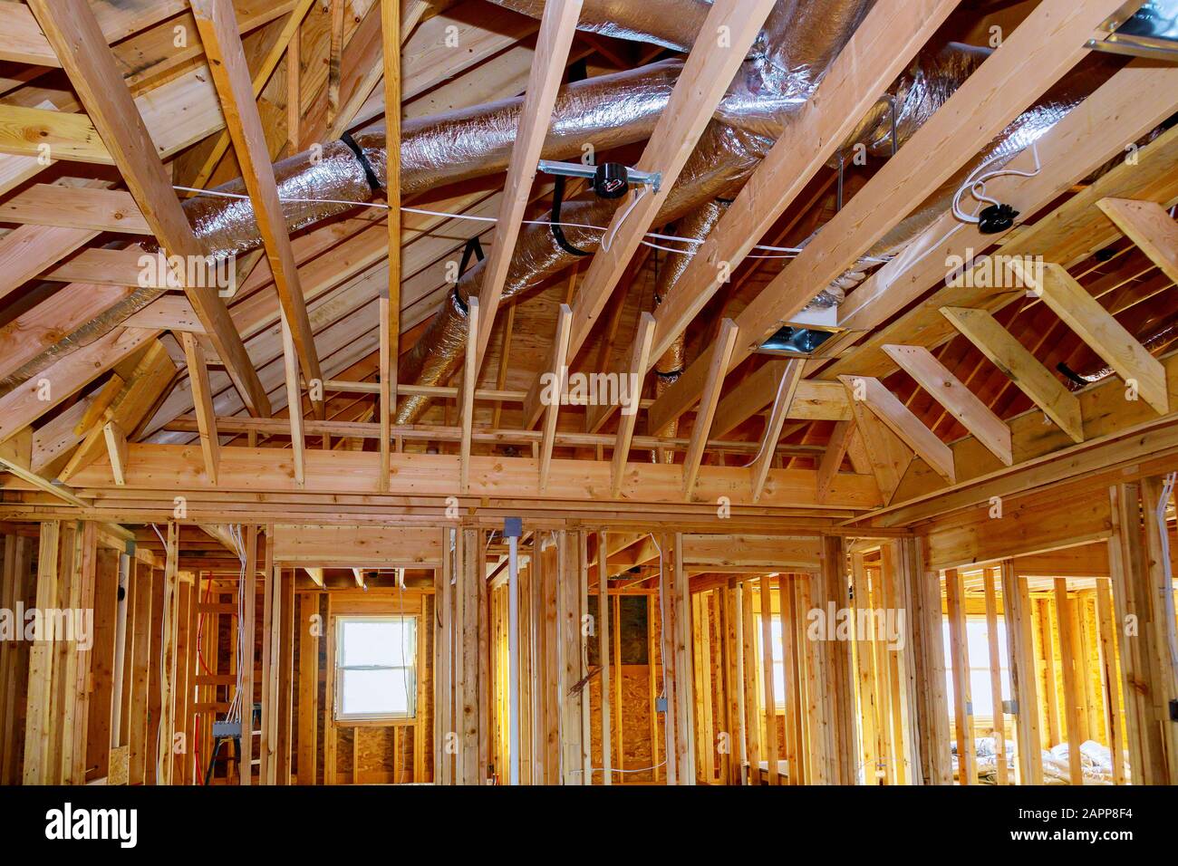 Installation Under Construction With Wooden Beams Of Hvac Tubing