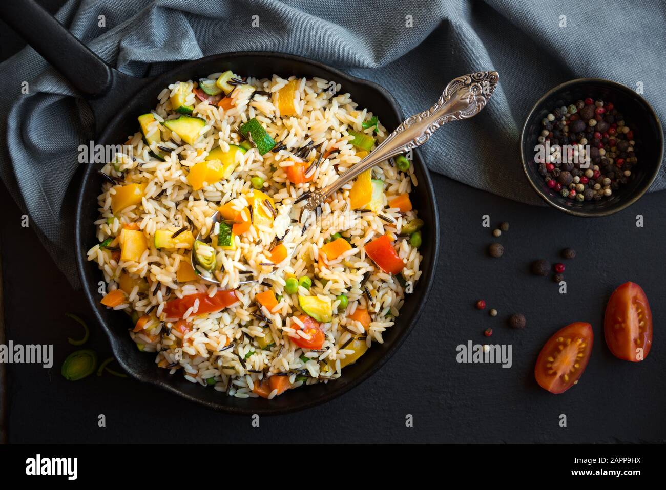 Vegetable Sources And Rice Rice with vegetables, healthy vegetarian food Stock Photo - Alamy