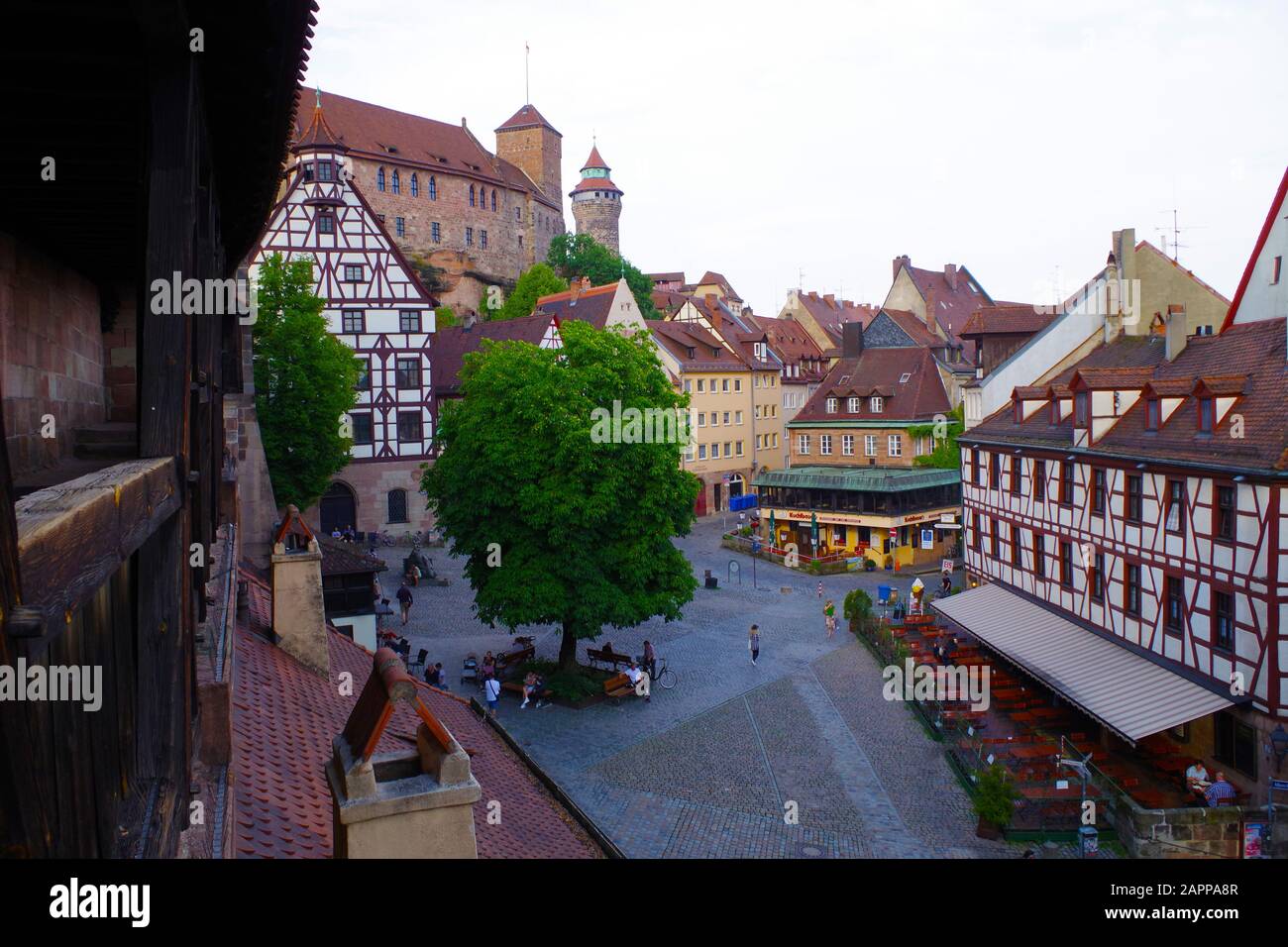Panorama of Nuremberg (Bavaria, Germany) city square with a single tree and many old residential