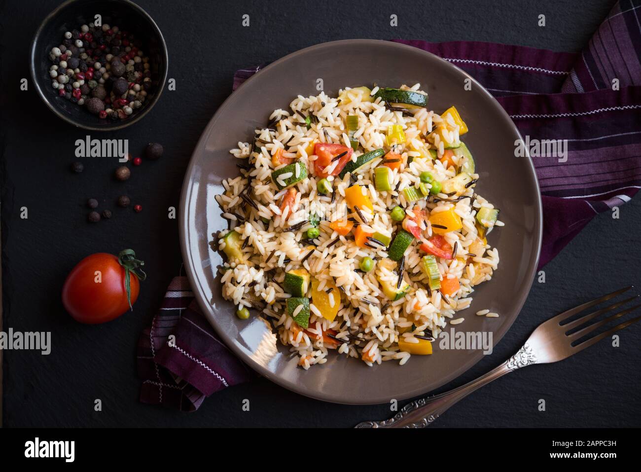 Vegetable Sources And Rice Rice with vegetables, healthy vegetarian food Stock Photo - Alamy