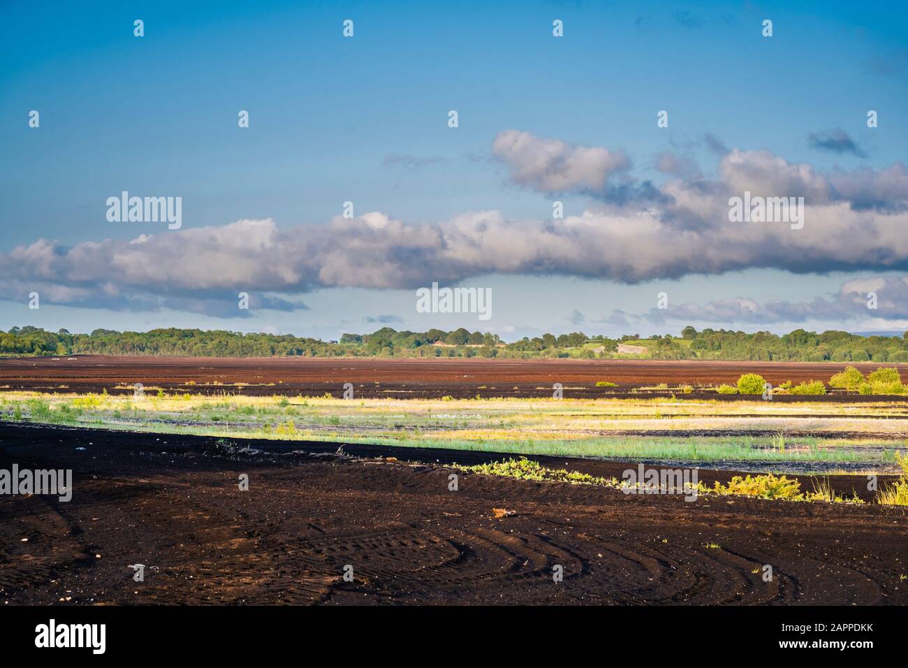 An industrial Bord na Mona cut away bog used for peat extraction near Birr, County Offaly, Ireland, with the Slieve Bloom mountains in the background Stock Photo