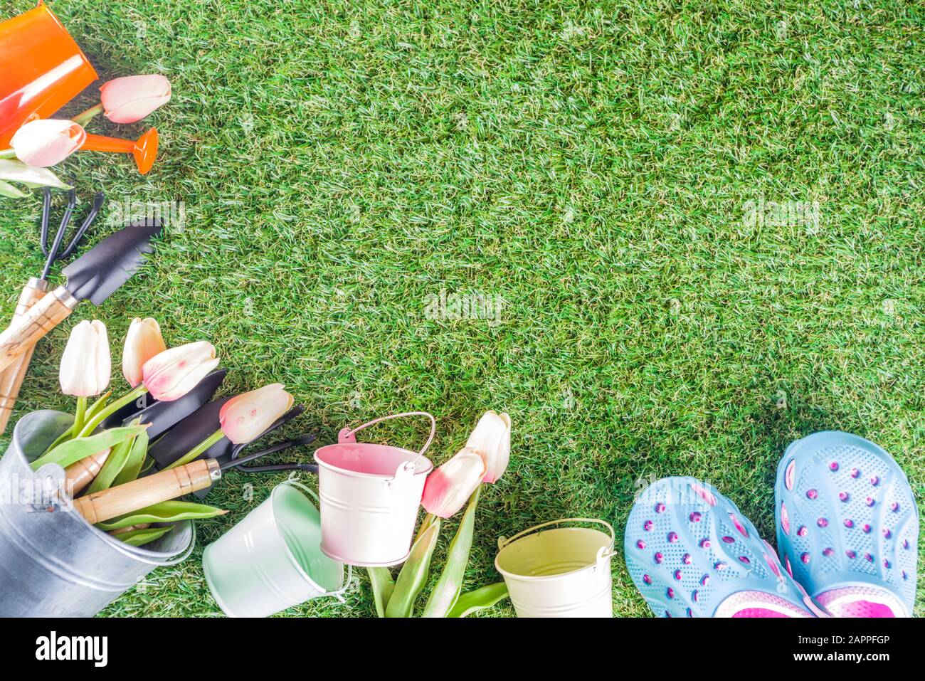 Gardening tools and flowers on the terrace and green grass in garden, Concept of spring gardening hobby copy space Stock Photo