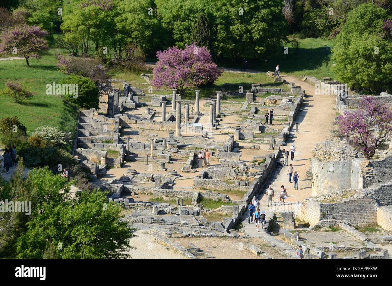 Tourists & Aerial View of the Lower Town & Main Street of the Roman Town & Street Plan of Glanum nr. Saint Rémy-de-Provence Alpilles Provence France Stock Photo