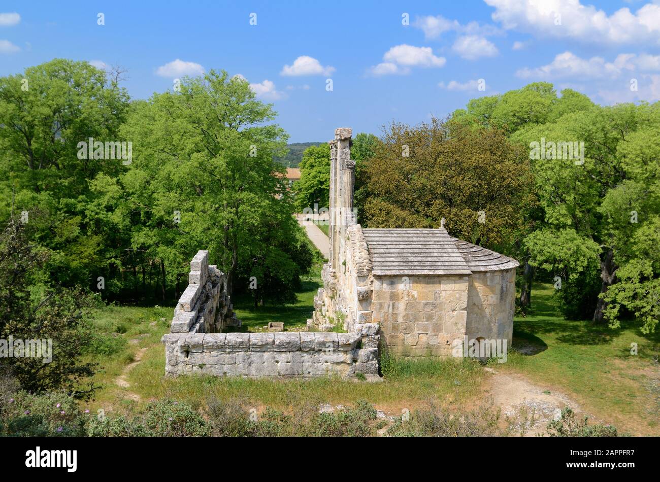 Ruins of Roman Temple & the Romanesque Chapel or Saint Cézaire Château-Bas Vernègues Provence France Stock Photo
