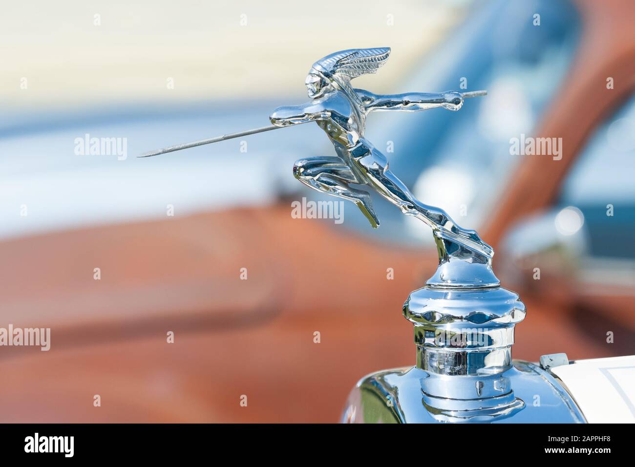 Native American hood ornament on a vintage Buick automobile in Rushmoor, Uk on April 19, 2019 Stock Photo