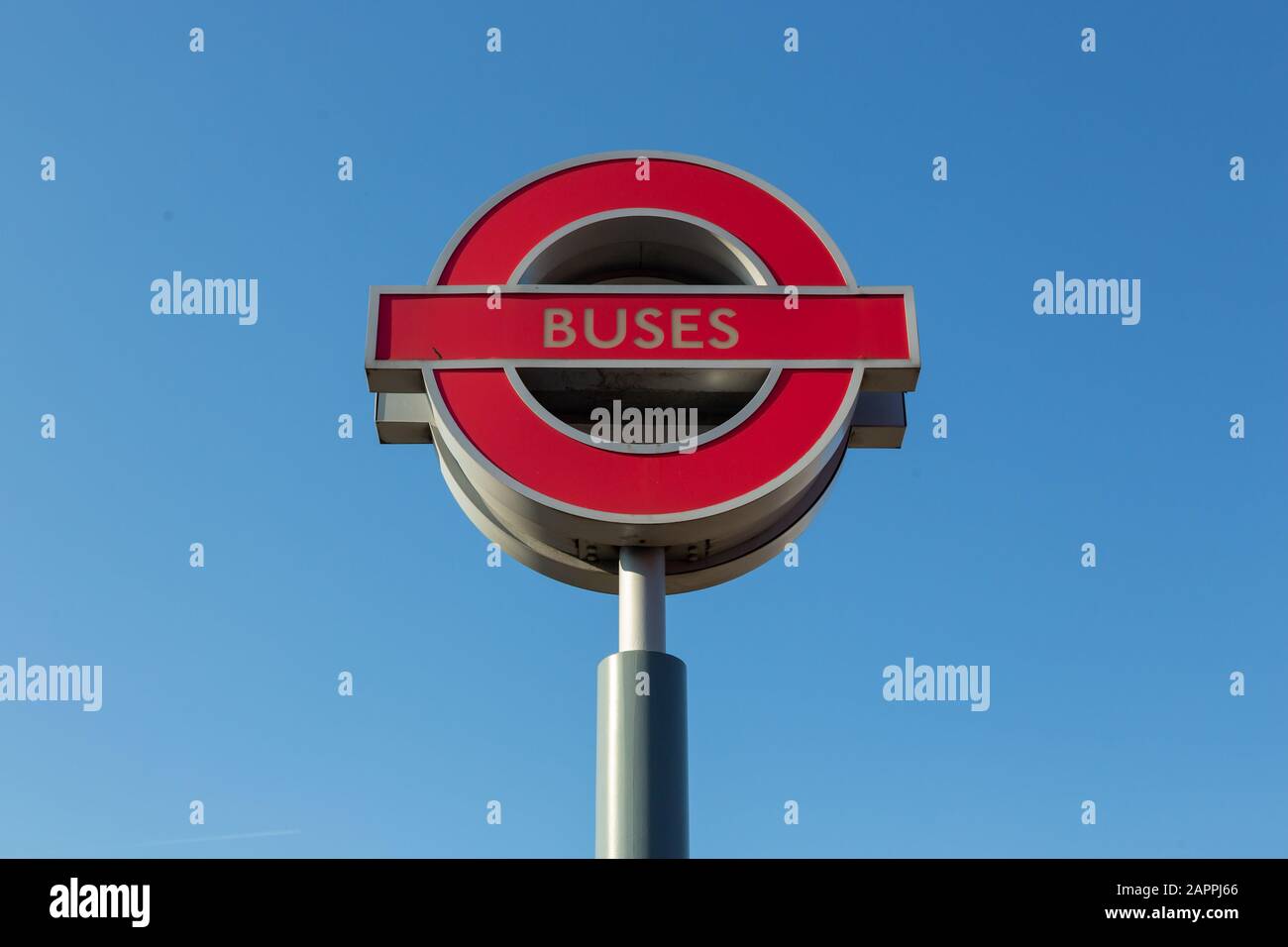 A TfL Buses roundel outside Tottenham Hale bus station. Stock Photo