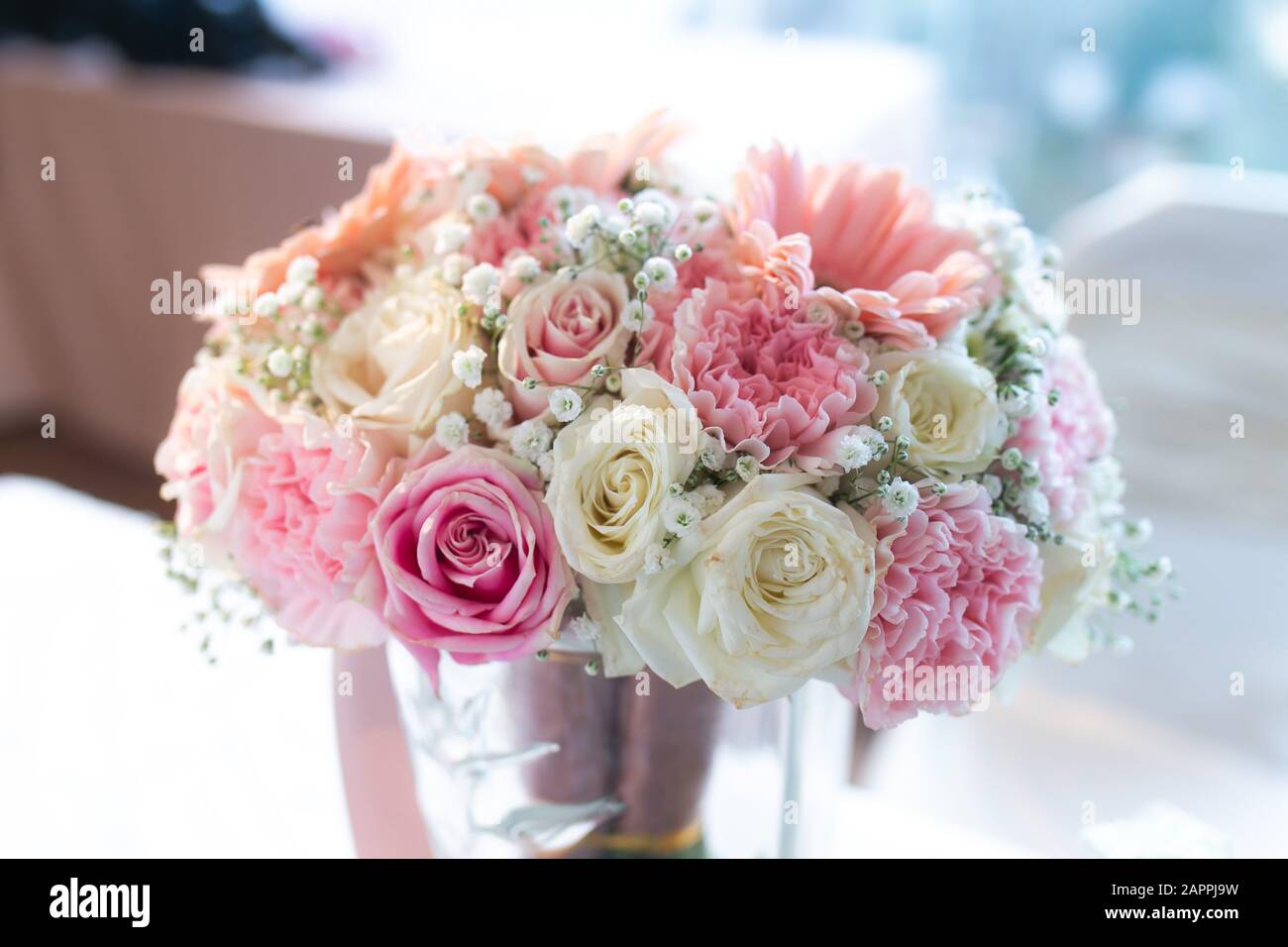 Blooming Fresh Flower Bouquet On Reception Table Background