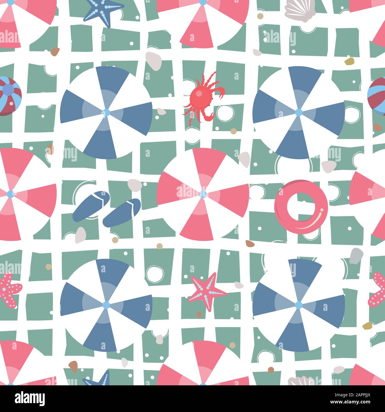 Summer Seamless Pattern. Beach with umbrellas and other summer elements. Vector Illustration. Stock Vector