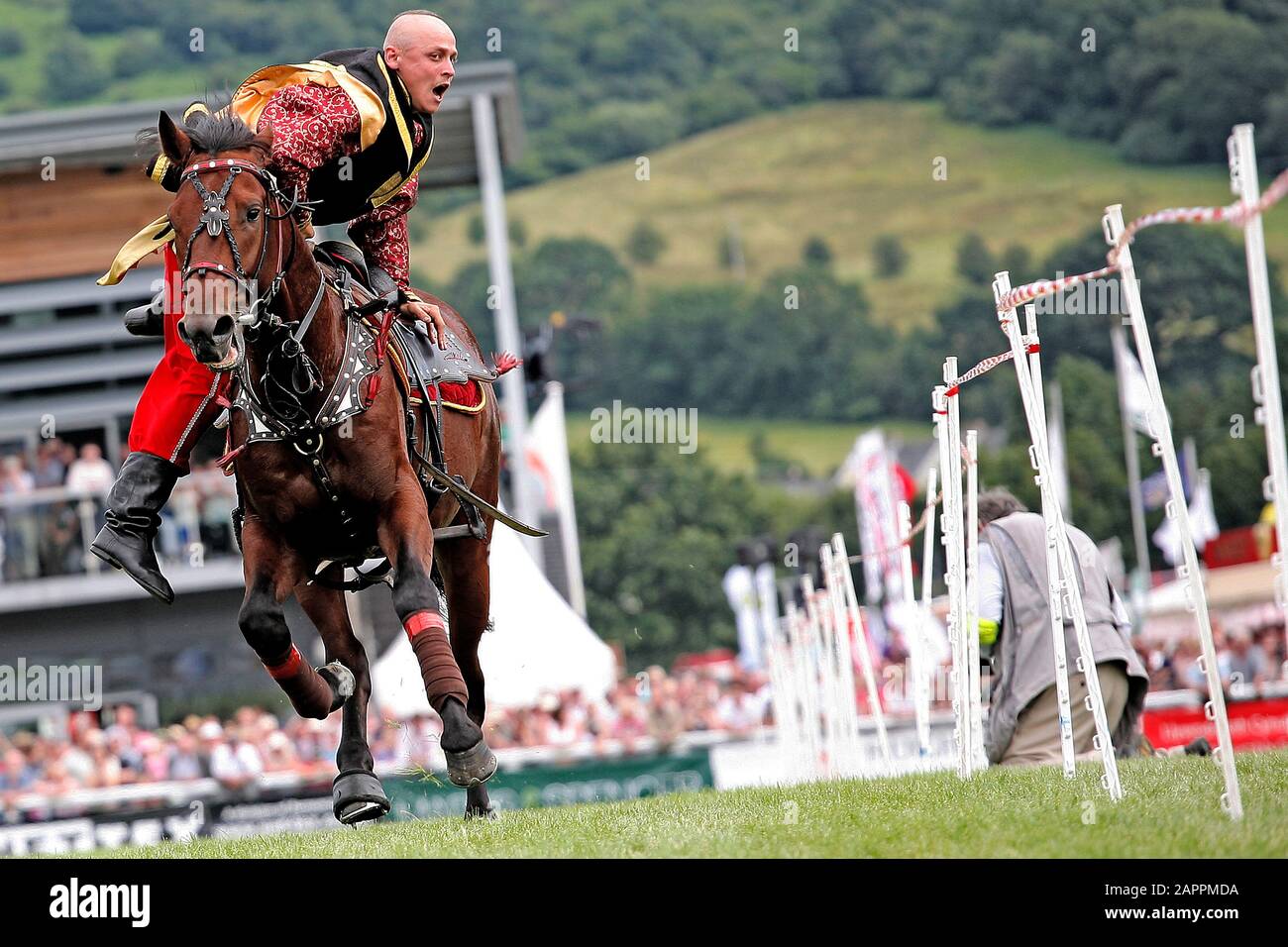 Llanelwedd, Wales, Royal Welsh Show, July 2012. Ukrainian cossack rides in the main ring at the Royal Welsh Show ©PRWPhotography Stock Photo