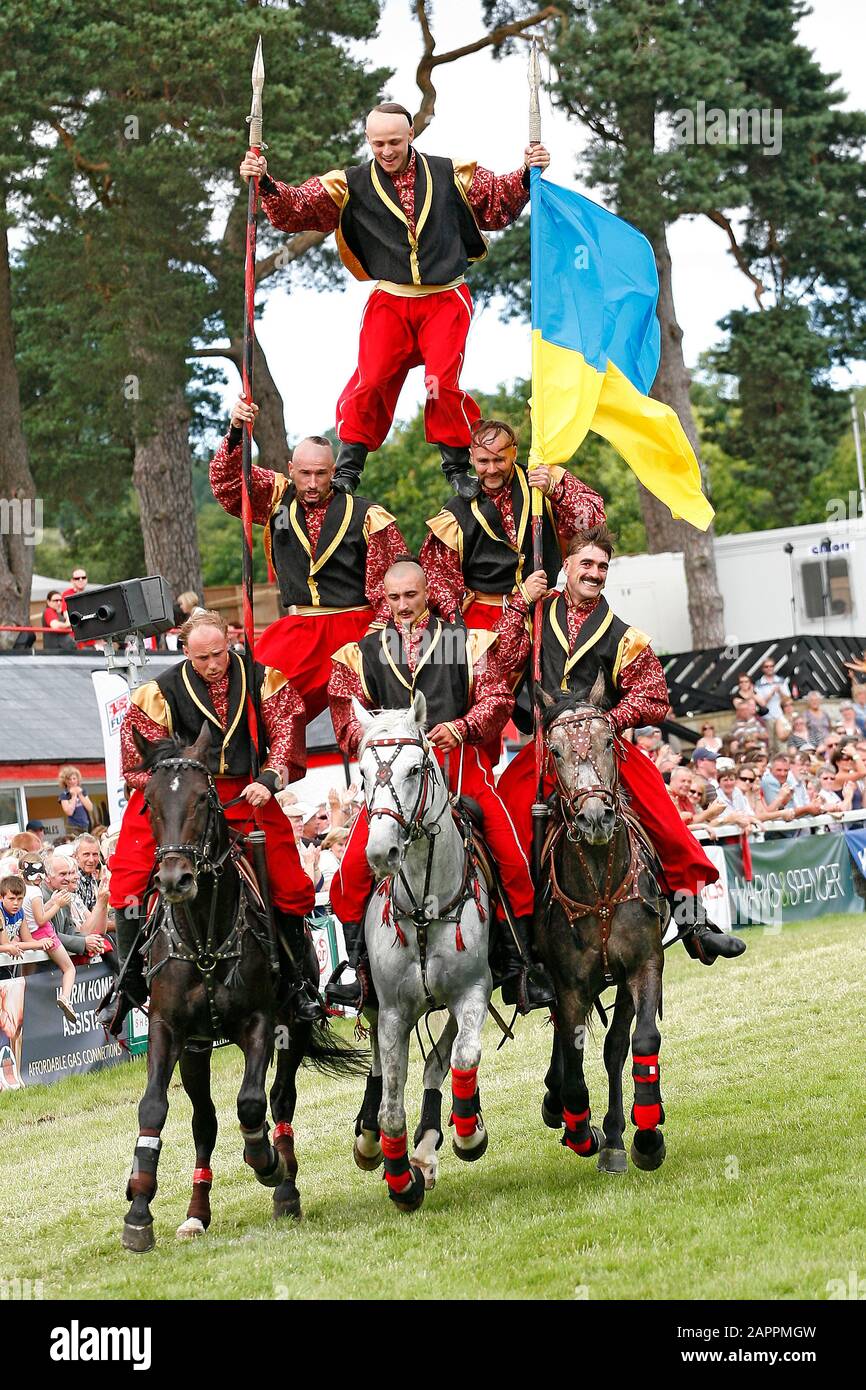 Llanelwedd, Wales, Royal Welsh Show, July 2012. Ukrainian cossacks ride in the main ring at the Royal Welsh Show ©PRWPhotography Stock Photo