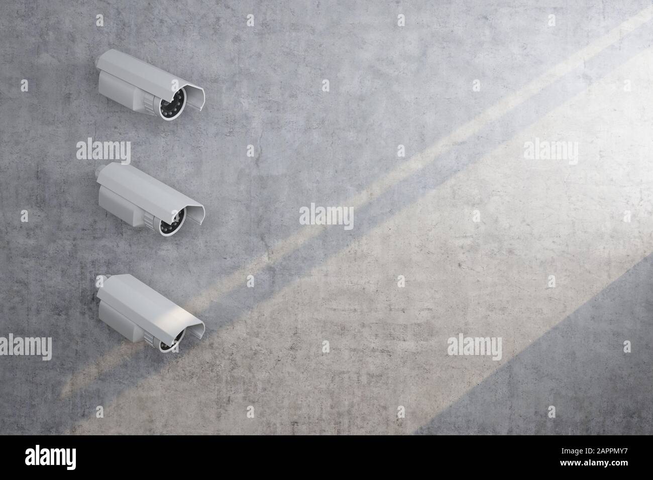 three wall surveillance camera with sunlight. 3d rendering Stock Photo