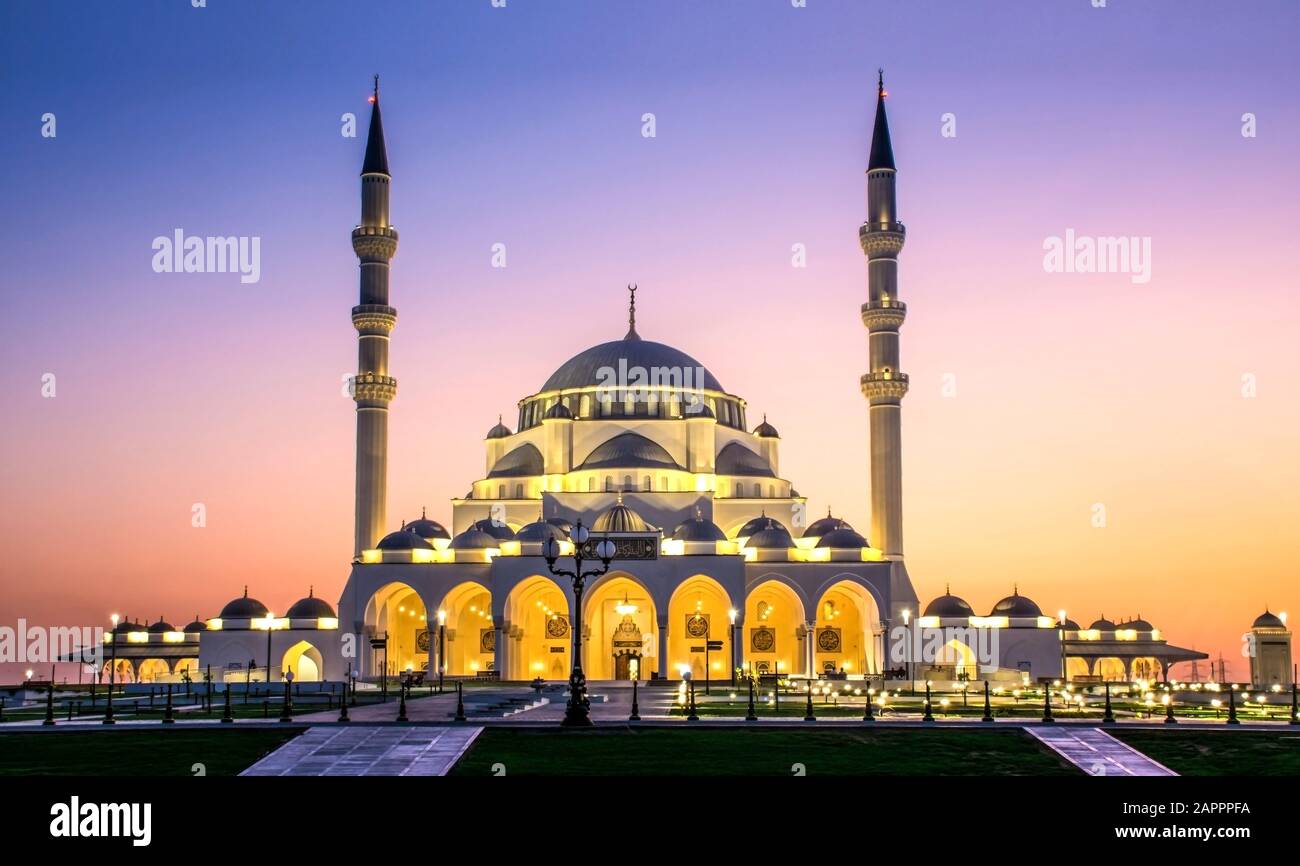 Sharjah Mosque Largest Mosque in United Arab Emirates Place to visit in Sharjah, Amazing architecture mosque in the world, Dubai travel and tourism Stock Photo