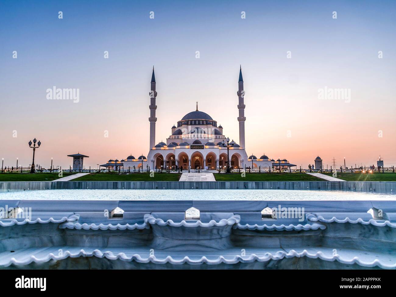 Sharjah Mosque Largest Mosque in United Arab Emirates Place to visit in Sharjah, Amazing architecture mosque in the world, Dubai travel and tourism Stock Photo