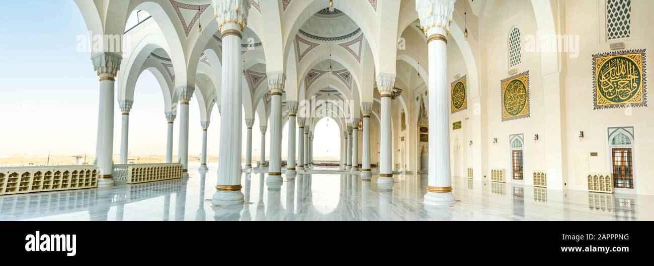 Sharjah / United Arab Emirates-6/28/2019- Sharjah Mosque Interior Design second Largest mosque United Arab Emirates beautiful traditional Islamic arch Stock Photo