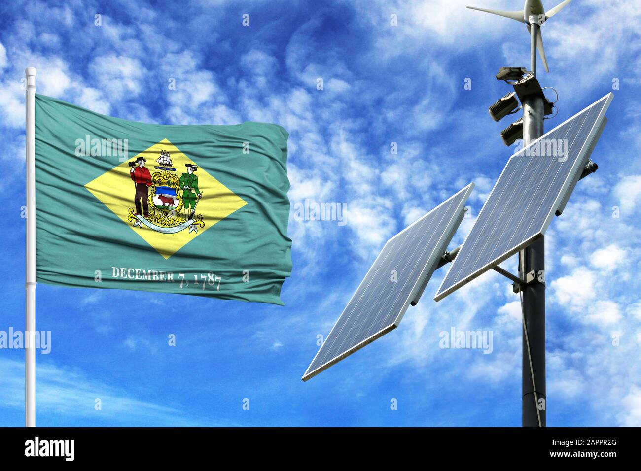 Solar panels on a background of blue sky with a flagpole and the flag