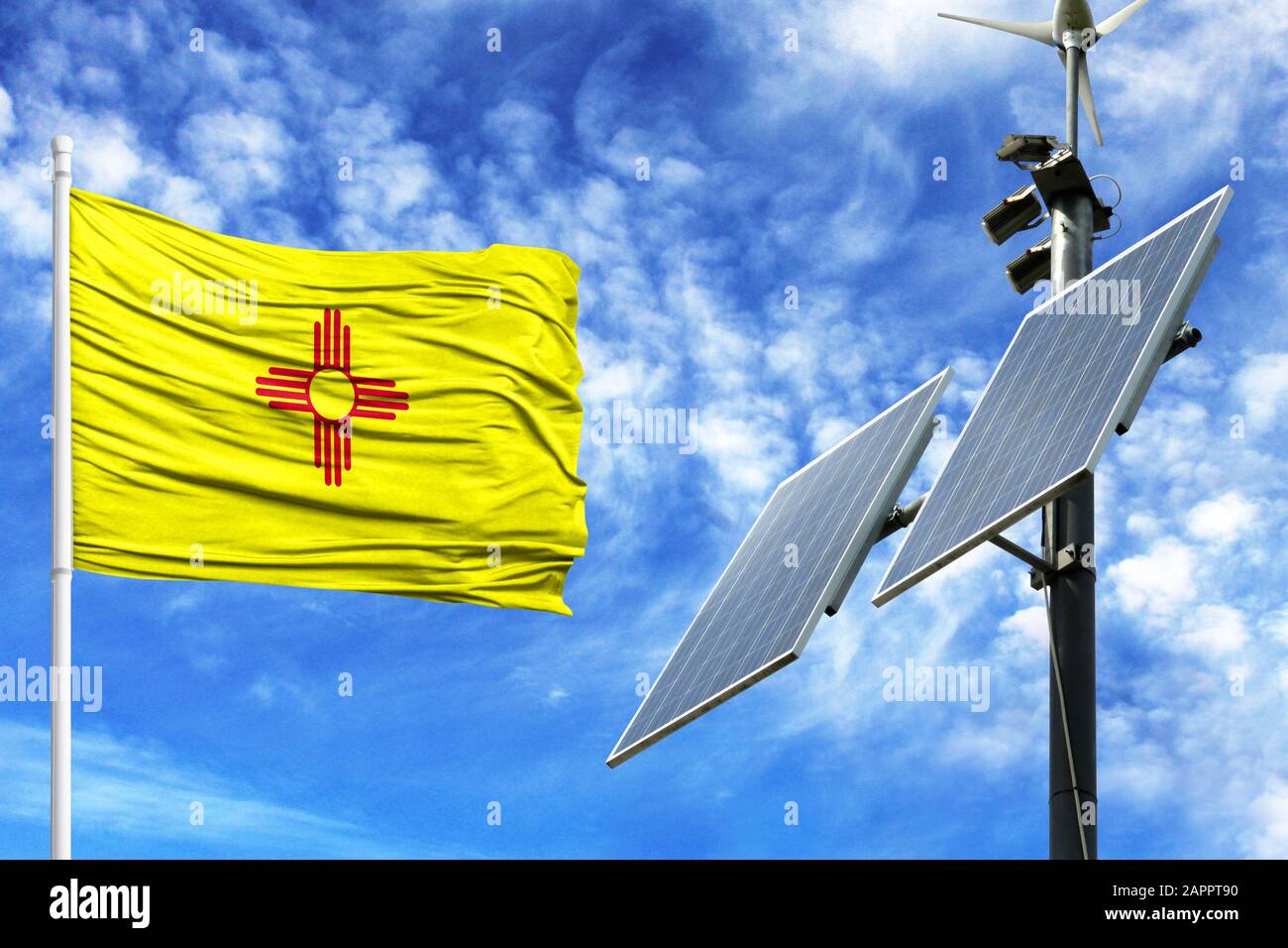 Solar panels on a background of blue sky with a flagpole and the flag