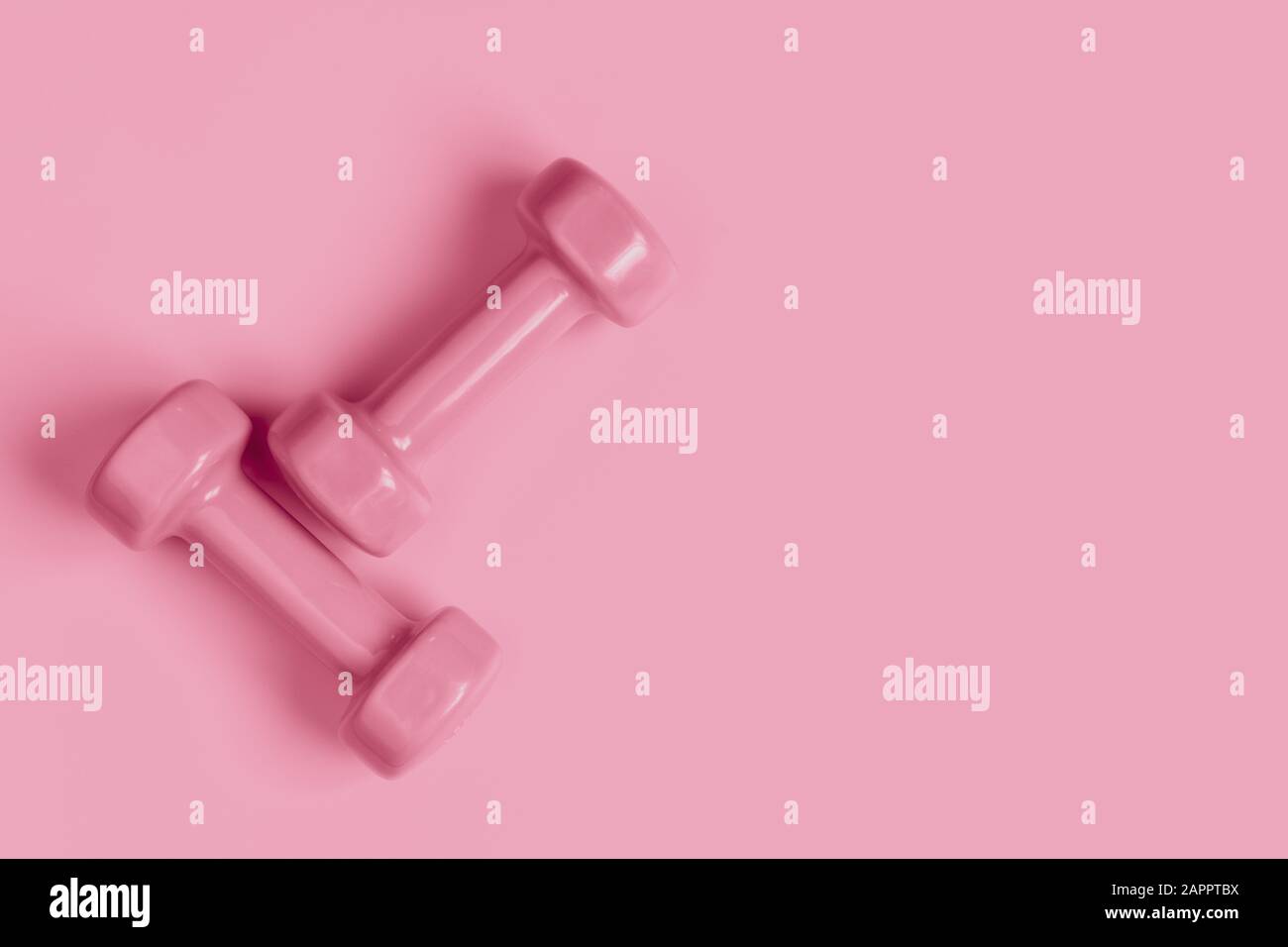 Conceptual fitness and healthy sport background with pink dumbbell on pink  background. Flat lay top view with copy space Stock Photo - Alamy
