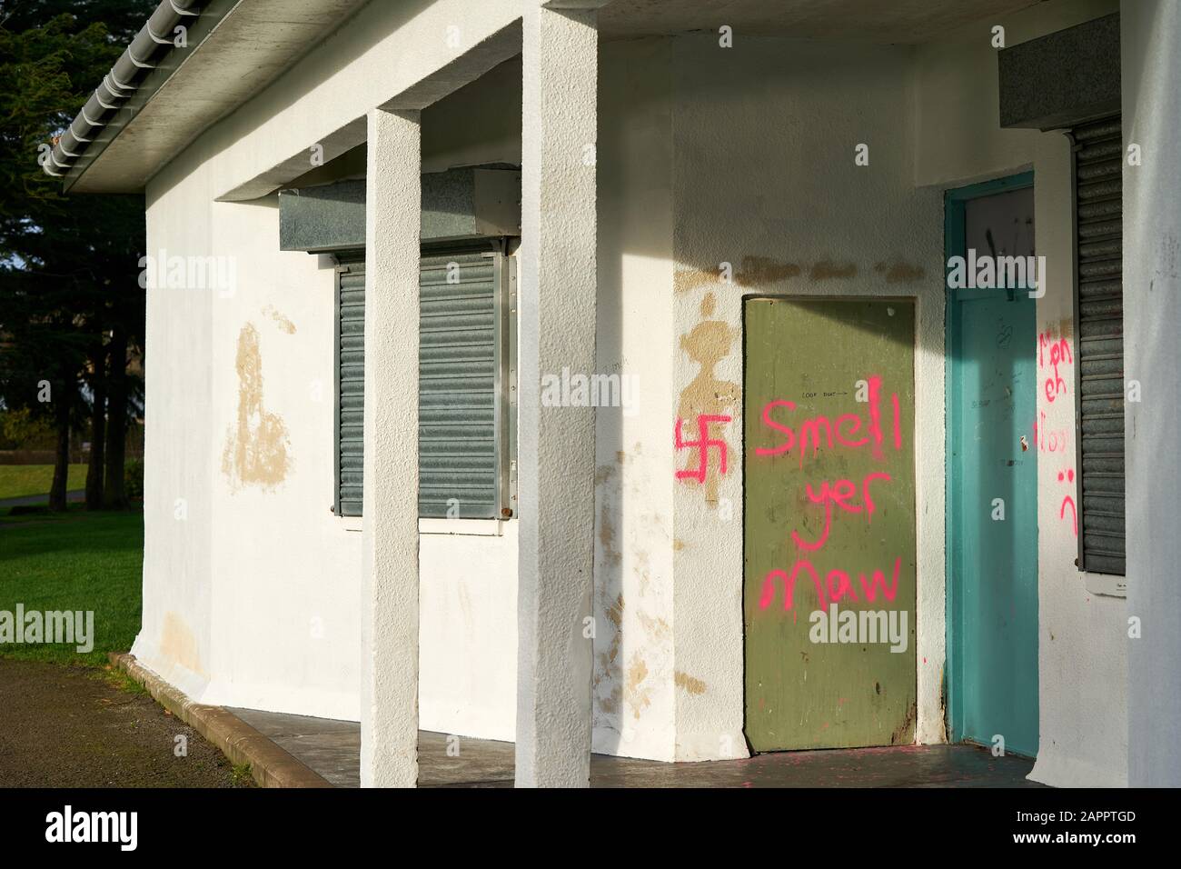 Cooper park Pavilion, Elgin, Moray, UK. 2020. UK. This is the Swastika and other graffiti sprayed on the walls of the pavilion within very popular park. Credit: JASPERIMAGE/Alamy Live News