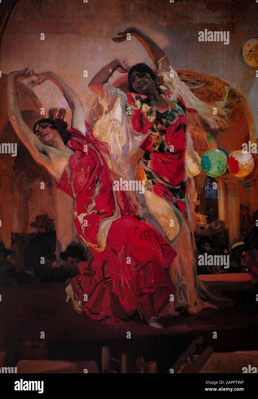Flamenco dancers, an art form based on the various folkloric music traditions of southern Spain in the autonomous community of Andalusia. A detail from 'Baile en el Cafe, Novedades de Seville 1914' by Joaquín Sorolla y Bastida (1863-1923) was a Spanish painter who excelled in portraits, landscapes and monumental works of social and historical themes. Stock Photo
