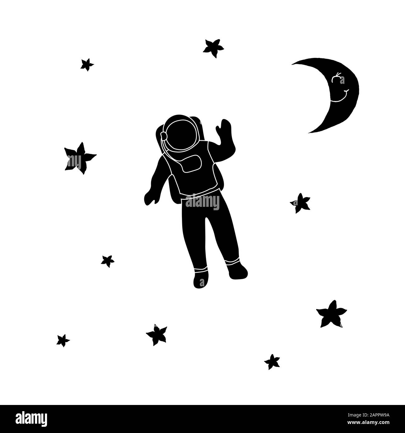 Cosmonaut astronaut, moon and stars. Black outline on white background. Picture can be used in greeting cards, posters, flyers, banners, logo, further design etc. Vector illustration. EPS10 Stock Vector
