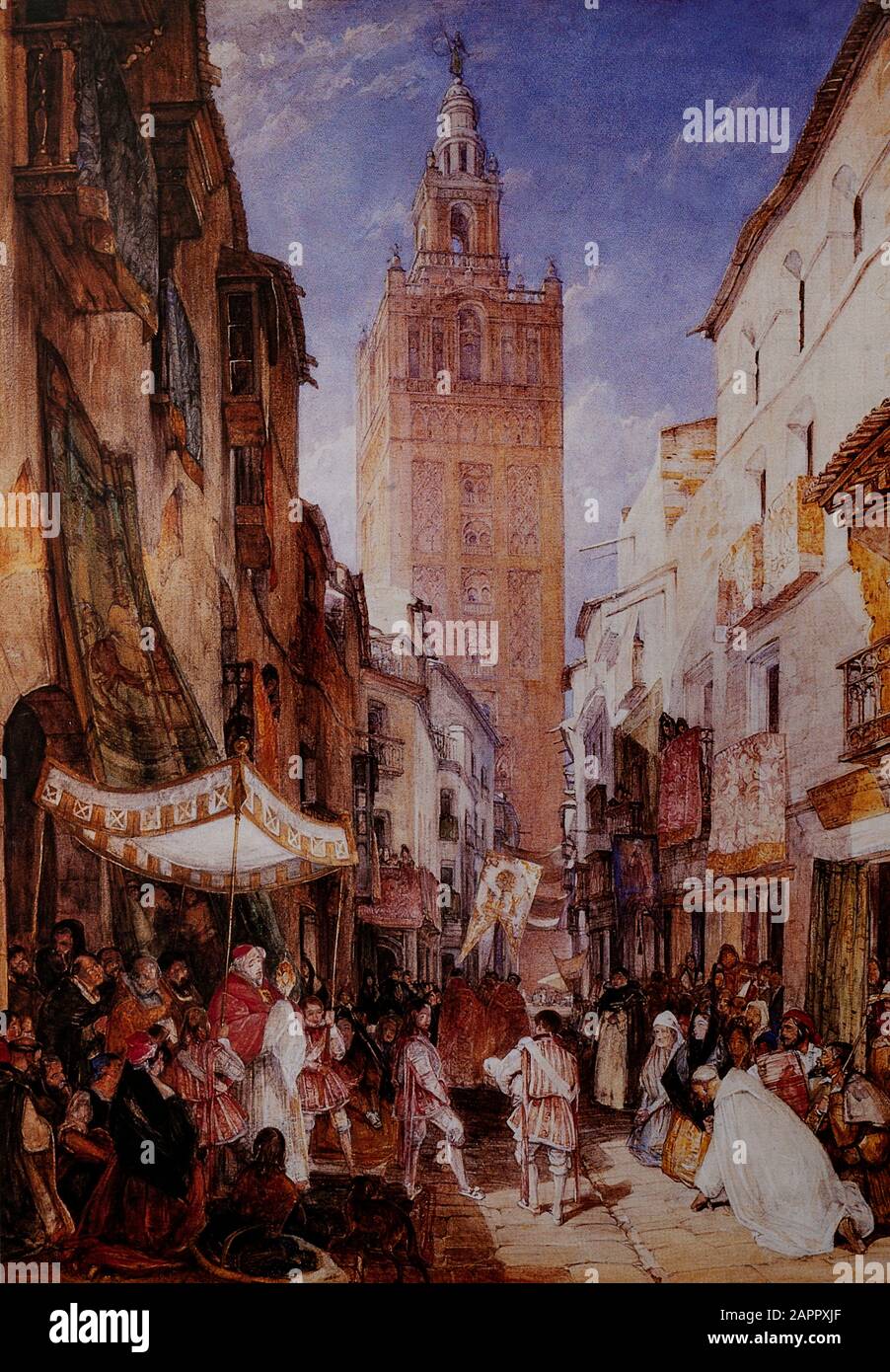 19th Century Religious procession in Seville, Andalusia, Spain, with the Cathedral de Sevilla (La Catedral de Santa María de la Sede) in the background. painting by John Frederick Lewis RA (1804-1876), an English Orientalist painter, who specialised in Oriental and Mediterranean scenes in detailed watercolour or oils. Stock Photo