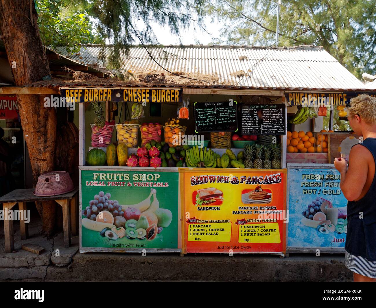 Fruit shop, restaurant main street, Gili Trawangan, Gili Islands, Indonesia, Southeast Asia, Asia Stock Photo