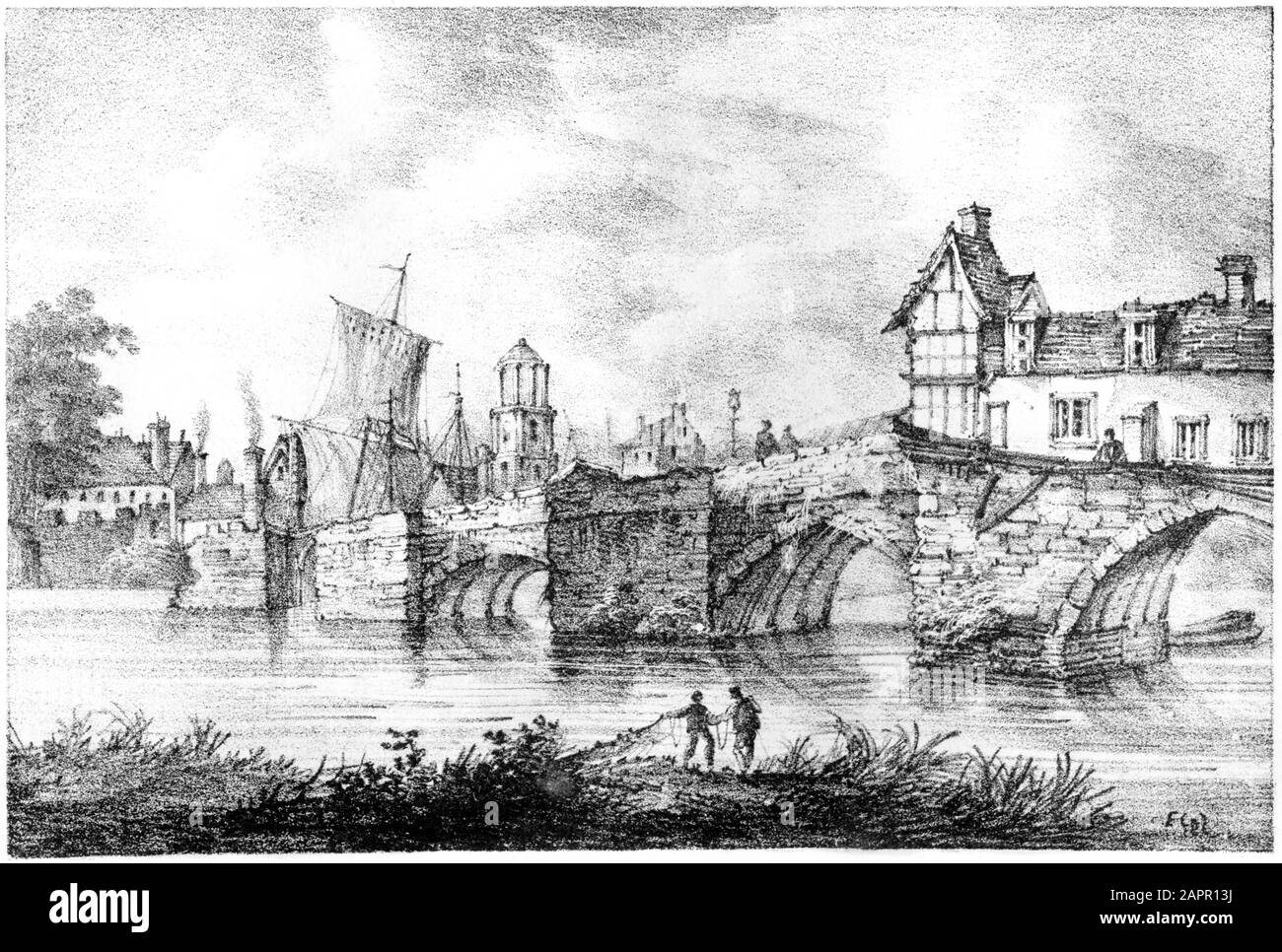 A lithograph of Welch or Welsh Bridge, Shrewsbury scanned at high resolution. from a book printed in 1824. Believed copyright free. Stock Photo