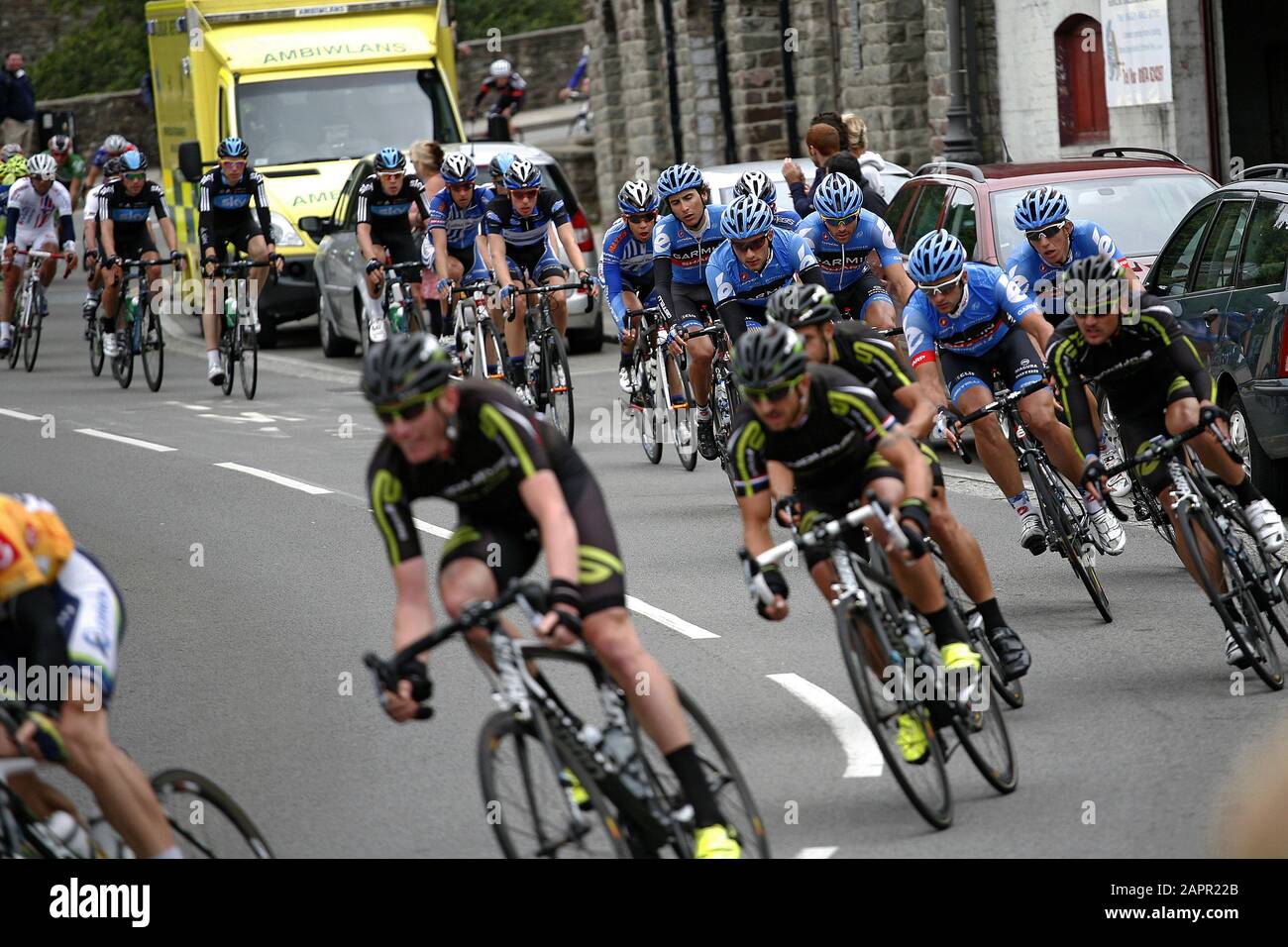 Wales, Brecon, Tour of Britain 14th September 2012. Cyclists ride through Brecon Town centre during the Welsh stage of the Tour of Britain. ©PRWPhotog Stock Photo