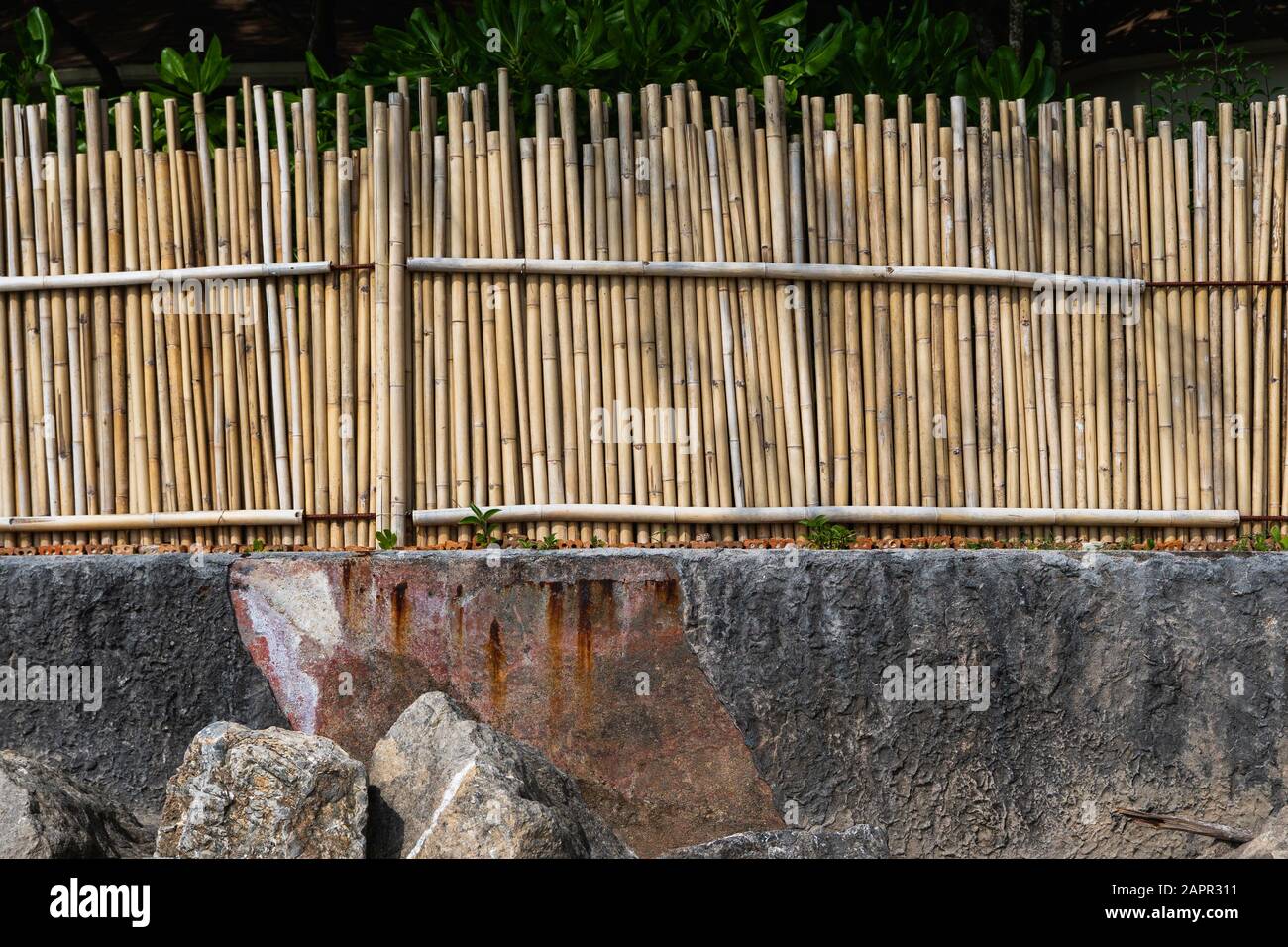 Dry bamboo fence with a rocks. Eco natural background concept. Stock Photo