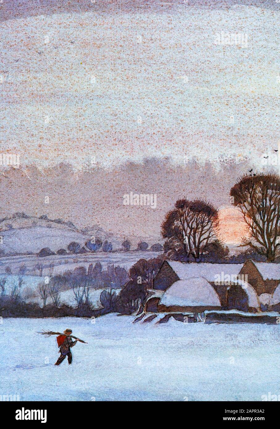 'Homewards'. a quintessential English winter country scene, by Henry Albert Payne RWS, also known as 'Henry Arthur Payne' (1868-1940), an English stained glass artist, painter of frescoes, watercolourist and one of the Birmingham Group of Artist-Craftsmen involved in the decoration of the chapel at Madresfield Court. A seminal achievement of the Arts and Crafts movement. Stock Photo