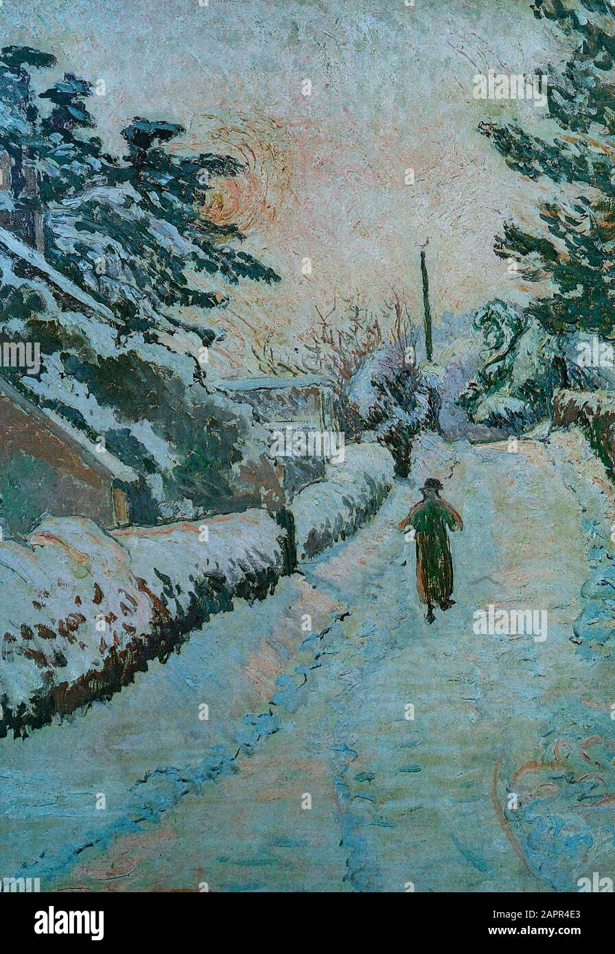 'My Cottage', a snow covered English lane by Lucien Pissarro (1863-1944), who worked in France until 1890 after which he was based in Britain. Printmaker, wood engraver,designer, printer of fine books and landscape painter Impressionist and Neo-Impressionist techniques. Stock Photo