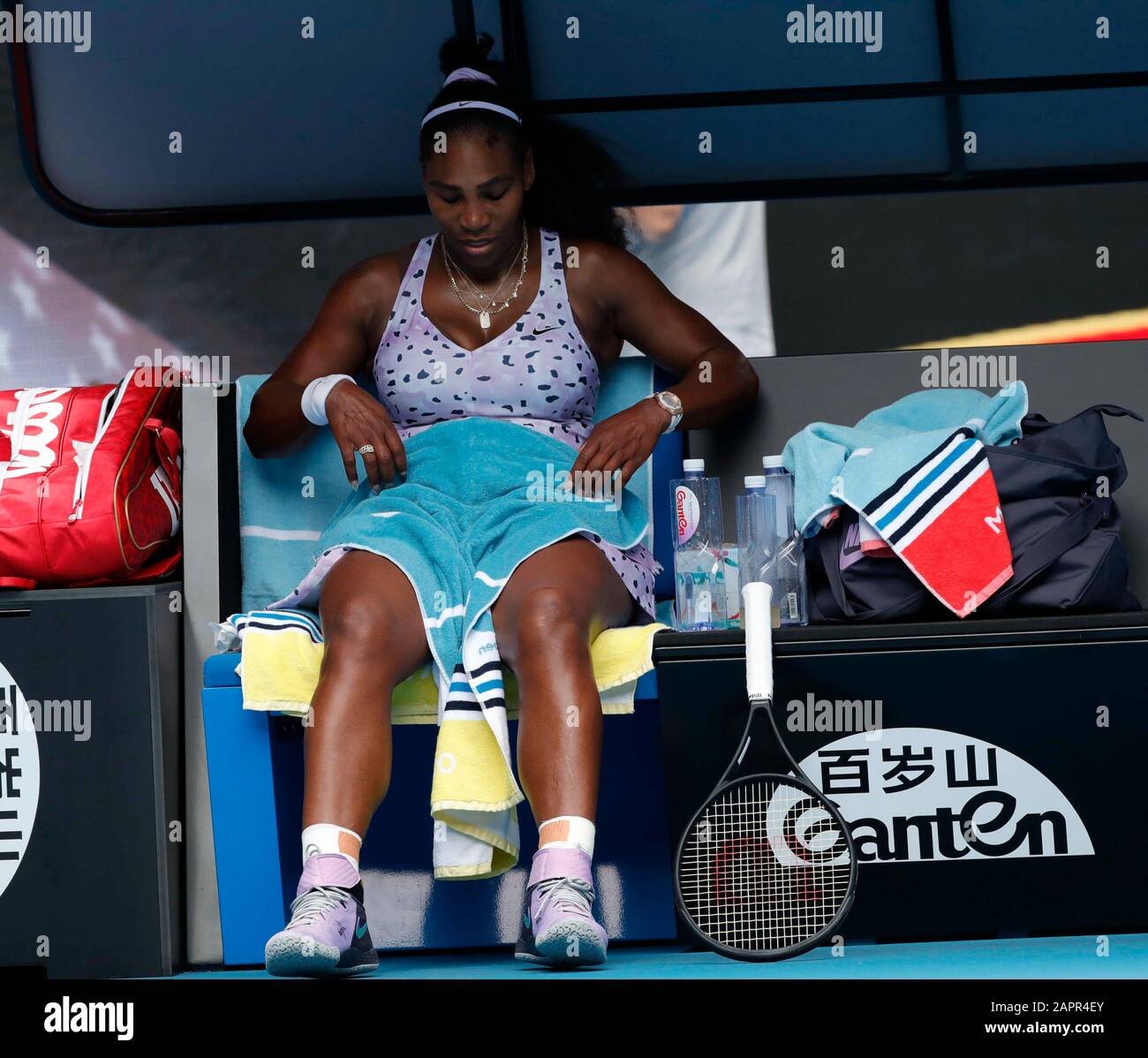 Melbourne Park, Melbourne, Victoria, Australia. 24th Jan, 2020. Australian Open Tennis, Day 5; Serena Williams of USA during a break in her match against Qiang Wang of China Credit: Action Plus Sports/Alamy Live News Stock Photo