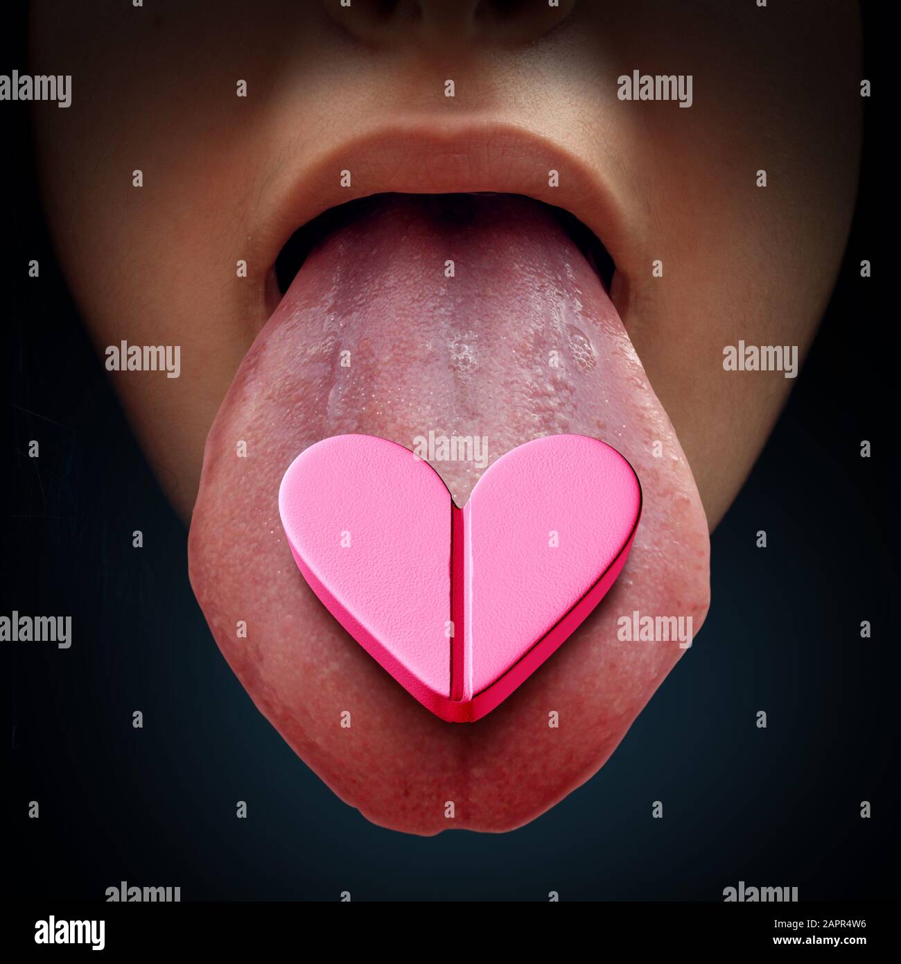 Love Pill and quaaludes or heart medicine and virility medical concept as a pharmaceutical prescription drug and nutritional supplements on a tongue. Stock Photo