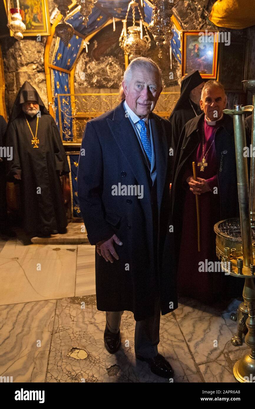 The Prince of Wales in the crypt during a visit to the Church of the Nativity in Bethlehem on the second day of his visit to Israel and the occupied Palestinian territories. PA Photo. Picture date: Friday January 24, 2020. See PA story ROYAL Charles. Photo credit should read: Victoria Jones/PA Wire Stock Photo