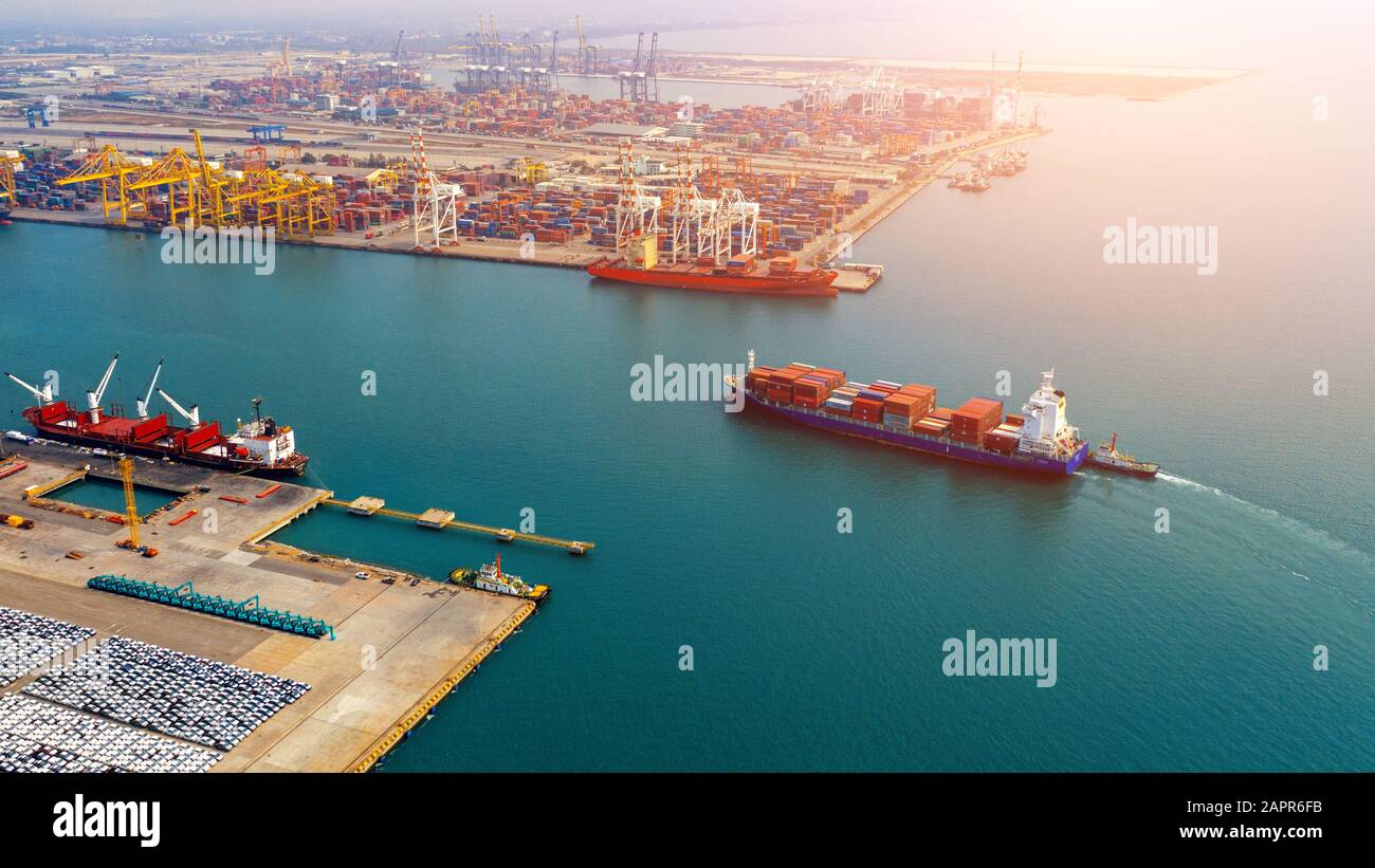 Aerial view of container cargo ship in sea. Stock Photo