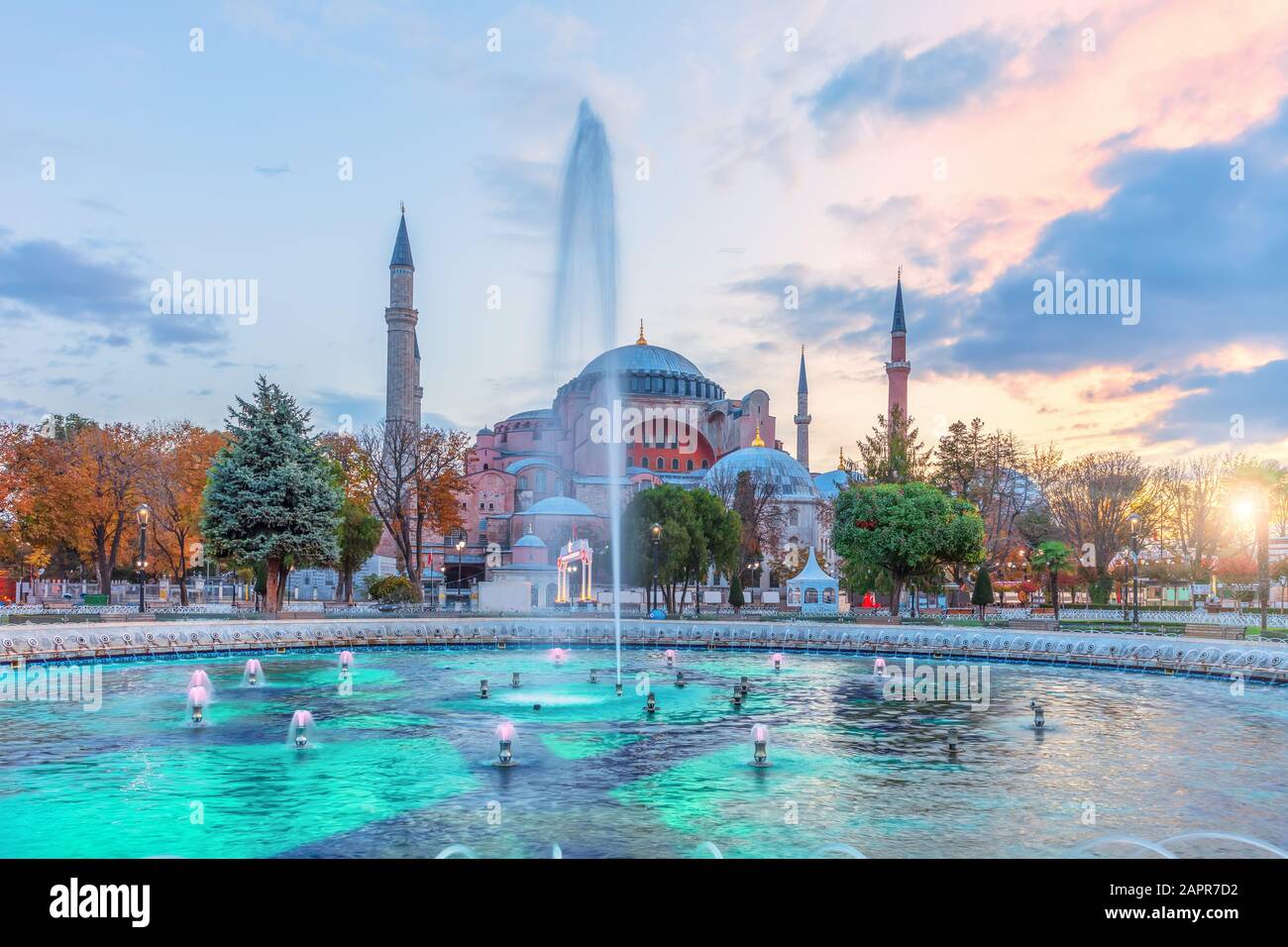 Sultan Ahmet Square fountain and Hagia Sophia, Istanbul, Turkey Stock ...