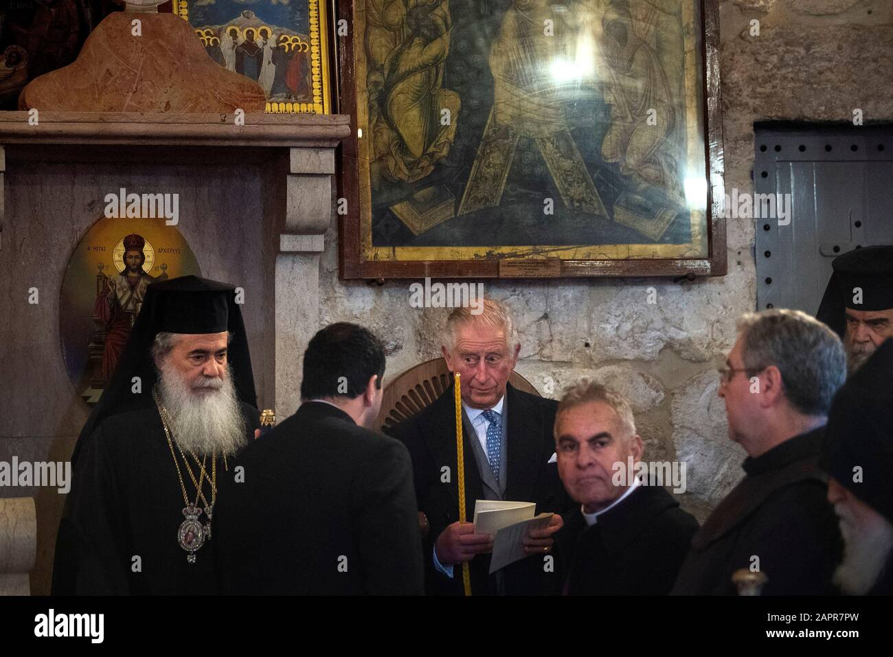 The Prince of Wales during an ecumenical service at the Church of the Nativity in Bethlehem on the second day of his visit to Israel and the occupied Palestinian territories. PA Photo. Picture date: Friday January 24, 2020. See PA story ROYAL Charles. Photo credit should read: Victoria Jones/PA Wire Stock Photo