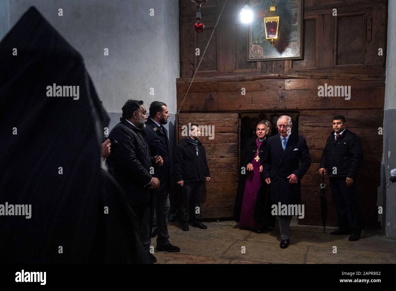 The Prince of Wales enters the Church of the Nativity in Bethlehem on the second day of his visit to Israel and the occupied Palestinian territories. PA Photo. Picture date: Friday January 24, 2020. See PA story ROYAL Charles. Photo credit should read: Victoria Jones/PA Wire Stock Photo