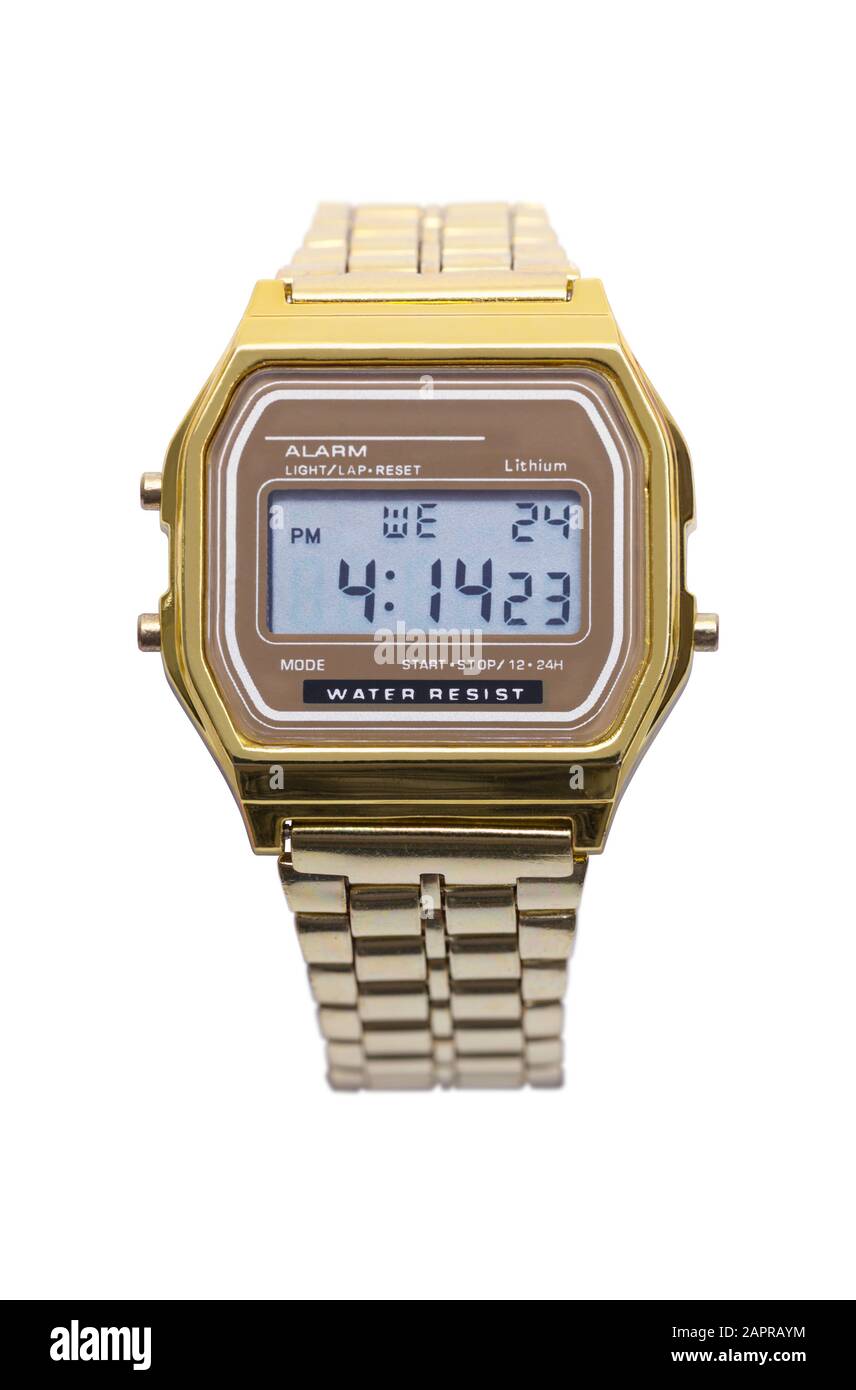 Gold Digital Wristwatch Cut Out on White. Stock Photo