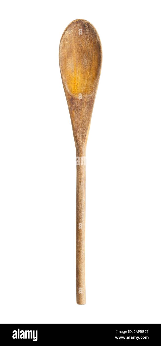 Old Wood Kitchen Spoon Isolated on White Background. Stock Photo